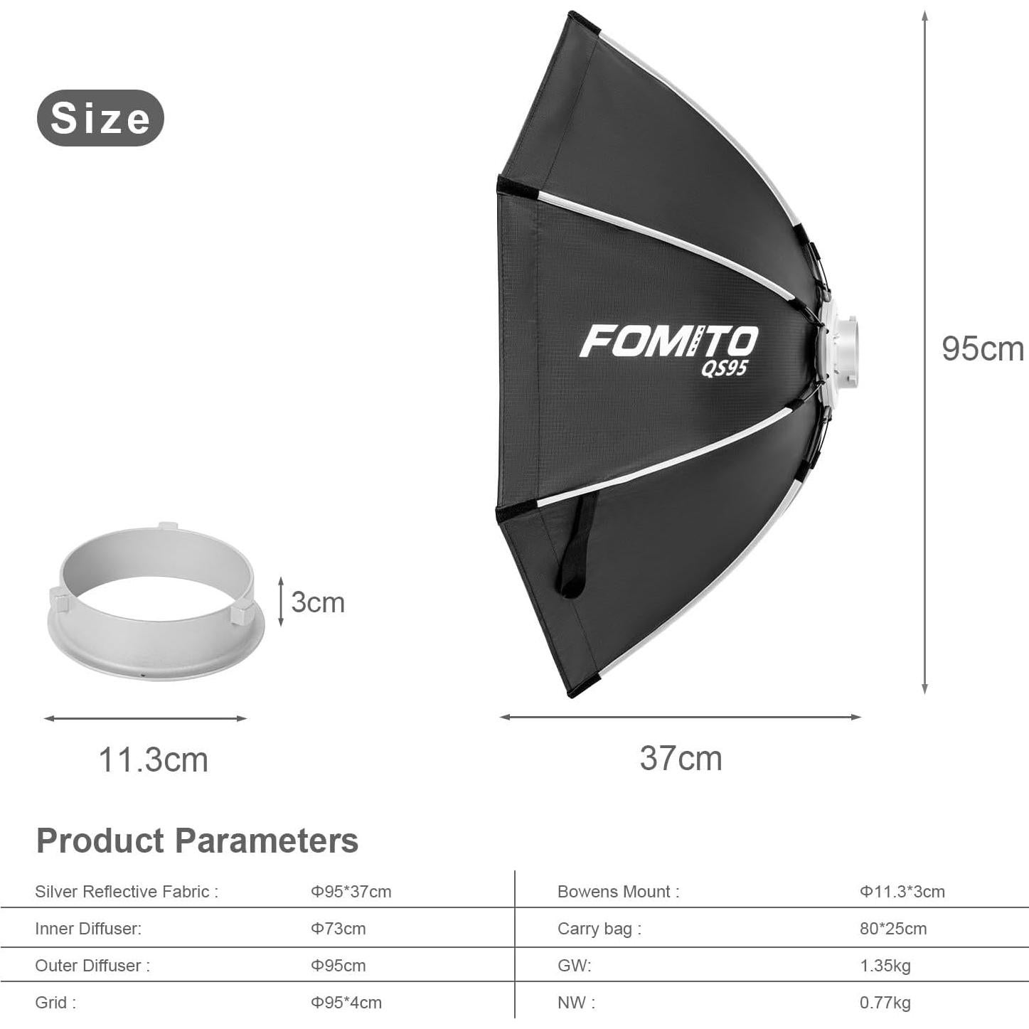 Softbox Octagonal 95cm FOMITO con Montaje Bowens y Difusores