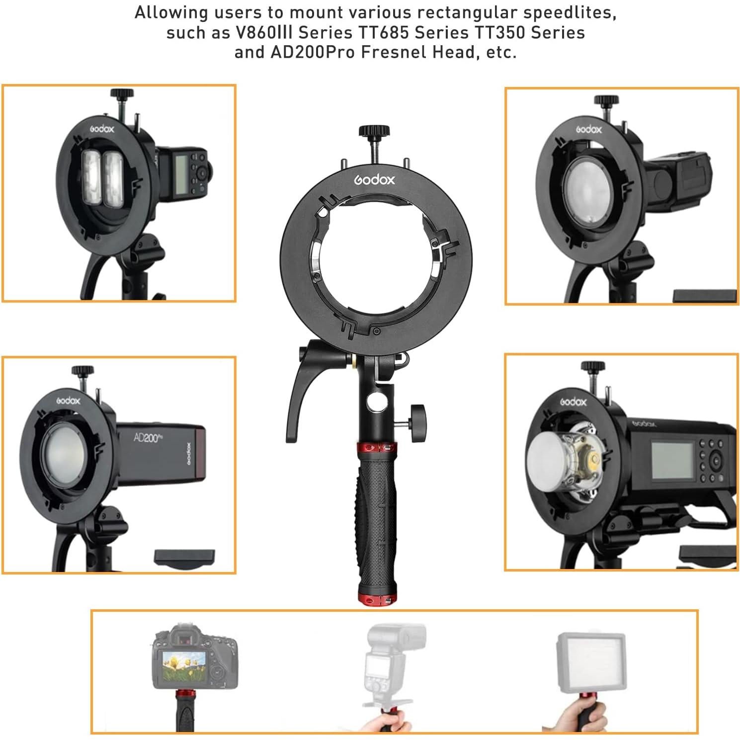 Godox S2-S Speedlite Bracket with Handle for Godox AD200Pro, AD200, AD400Pro, for V1 VPro V100 Round Head Speedlite, V860II / TT685 / TT350 Series, Updated Version Bowens Mount Holder