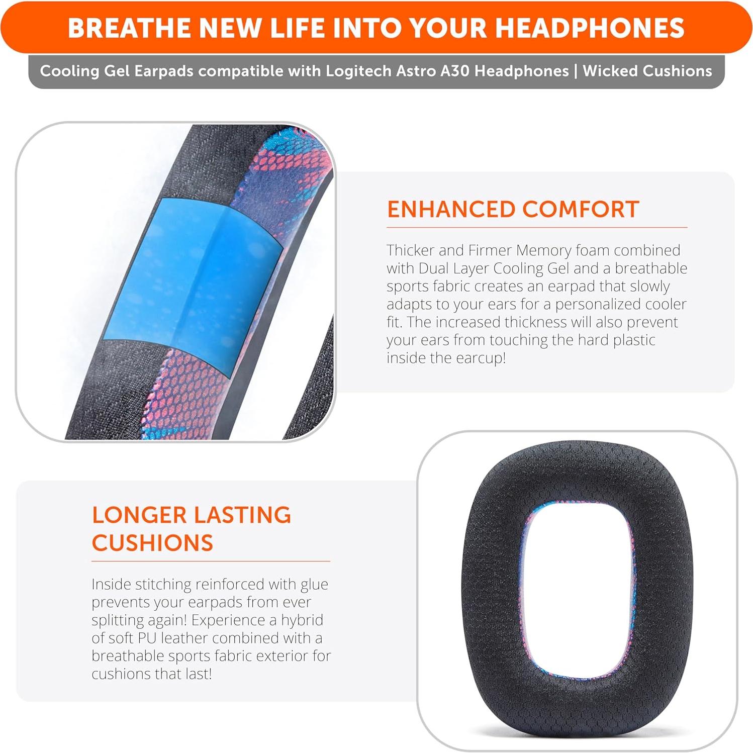 Freeze A30 - Cooling Gel Earpads Compatible with Logitech Astro A30 Headphones by Wicked Cushions - Elevate Comfort, Durability, Thickness & Sound Isolation for Epic Gaming Sessions | Speed Racer