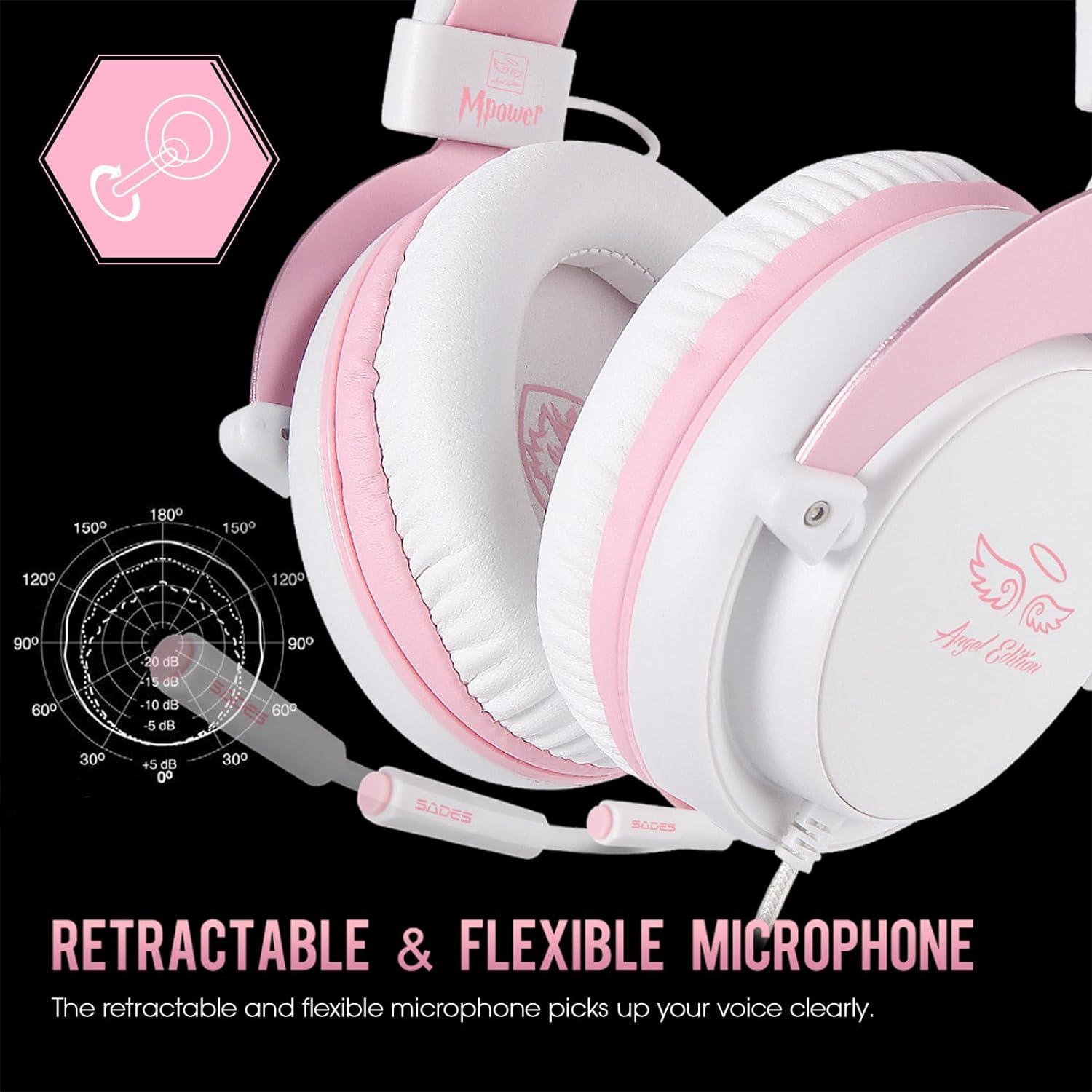 Auriculares Gaming Stereo SADES Mpower Rosa con Cancelación de Ruido