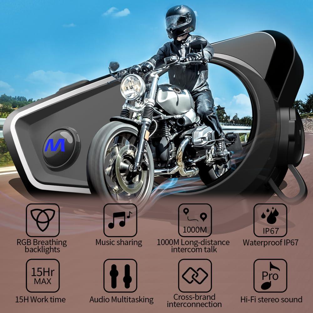 eECO-FLYING Motorcycle Helmet Bluetooth Headsets,Up to 1KM 2 Rider Intercom Bluetooth 5.1 Helmet Communication System with AI Voice and Music Sharing,1000mAh (2pack for Full Helmet(Soft mic))
