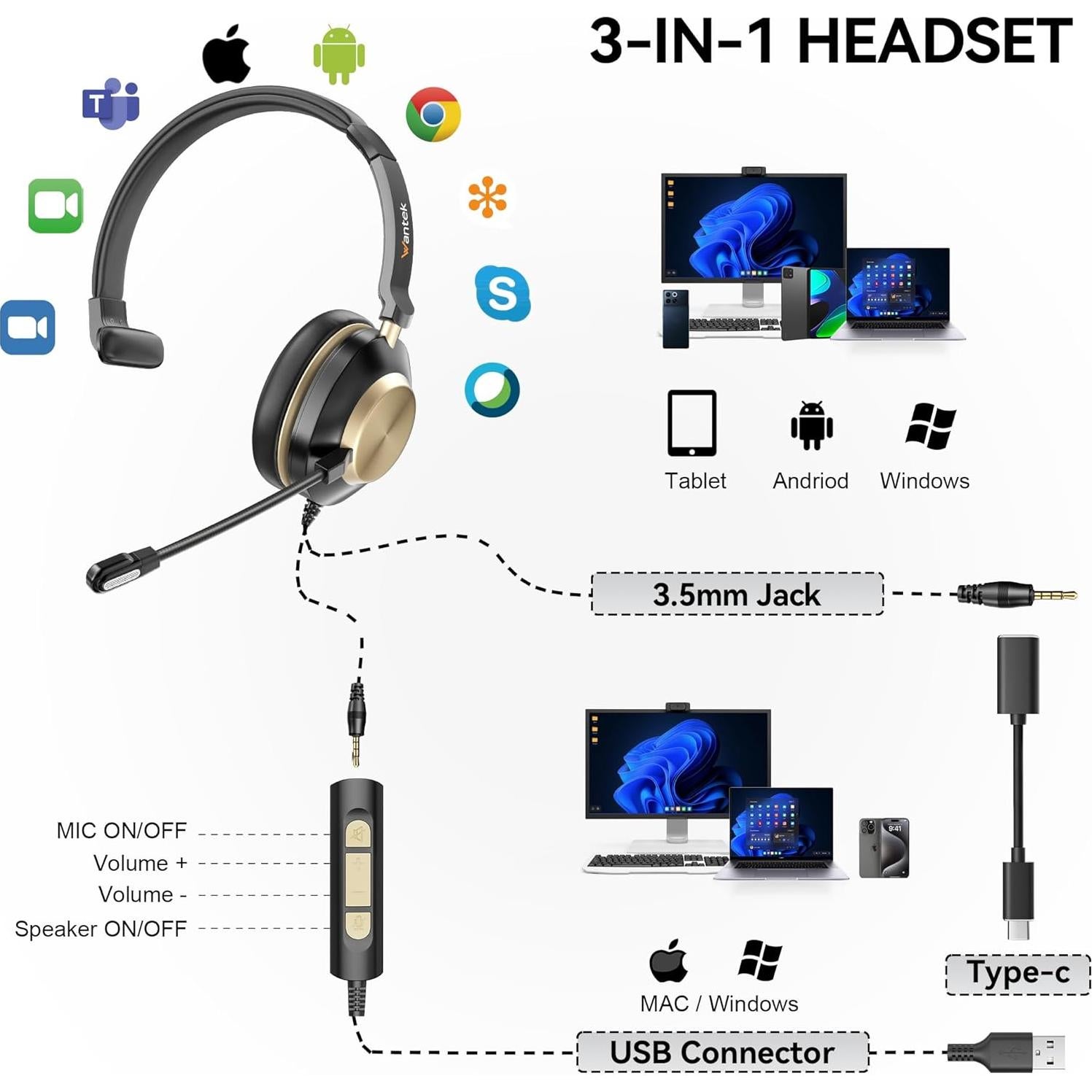 Auriculares Wantek 881FUSB con micrófono y cancelación de ruido