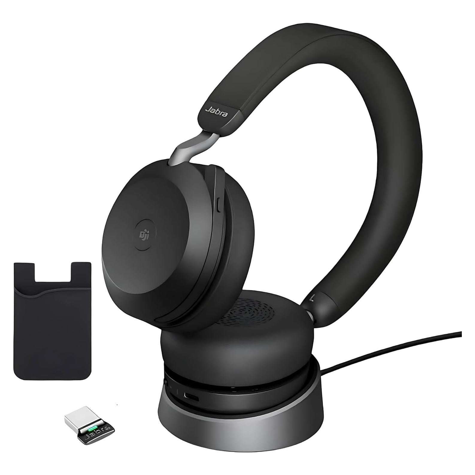 Jabra Evolve2 75 Wireless Bluetooth Headphones - Charging Headset Stand, USB-A Dongle, Compatible with Zoom, Webex, Teams, Phone Calls, PC, MAC, Mobile, Global Teck Gold Support Plan, Cellphone Wallet