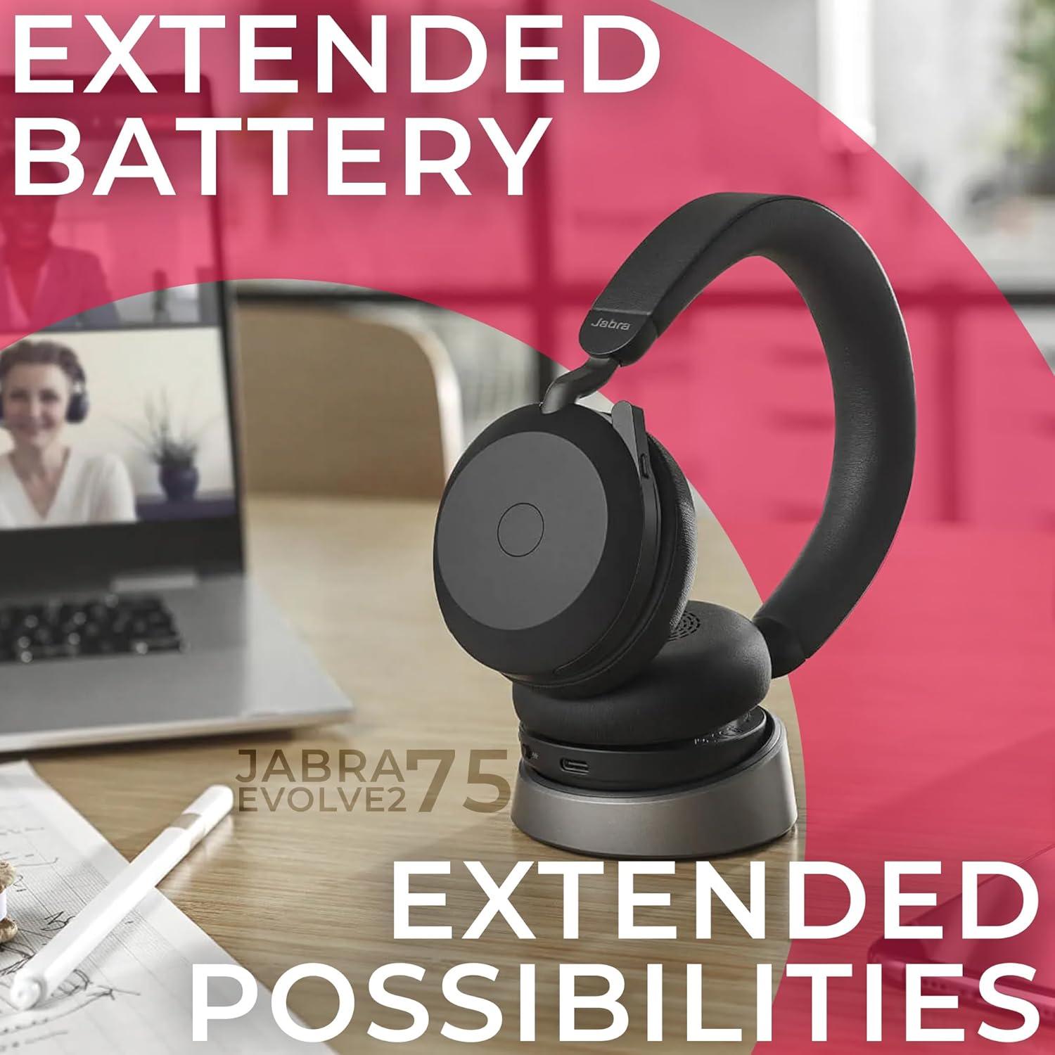 Jabra Evolve2 75 Wireless Bluetooth Headphones - Charging Headset Stand, USB-A Dongle, Compatible with Zoom, Webex, Teams, Phone Calls, PC, MAC, Mobile, Global Teck Gold Support Plan, Cellphone Wallet