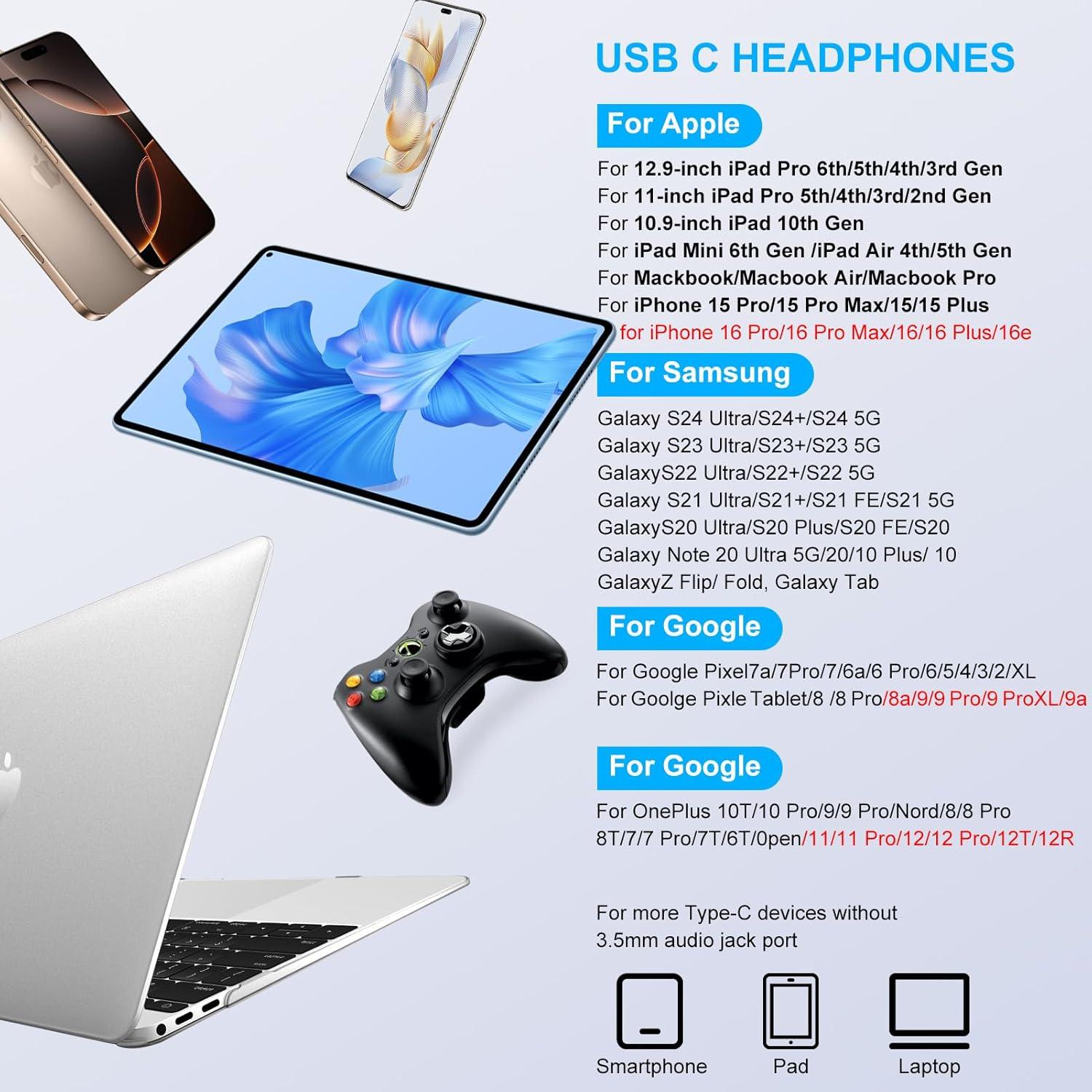 Auriculares USB C con micrófono para iPhone 16/15 y Samsung