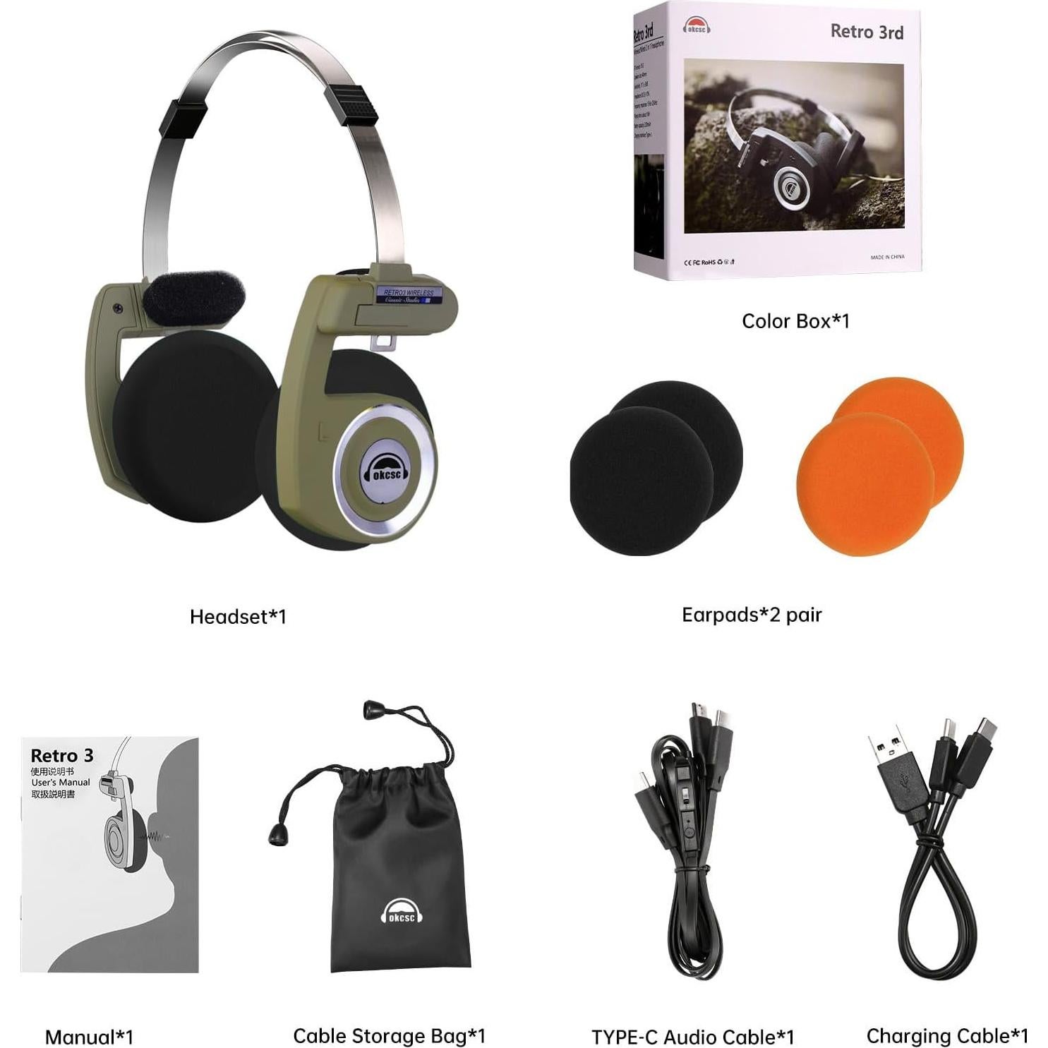 Auriculares Inalámbricos Retro okcsc Verde 40mm Bluetooth 5.3