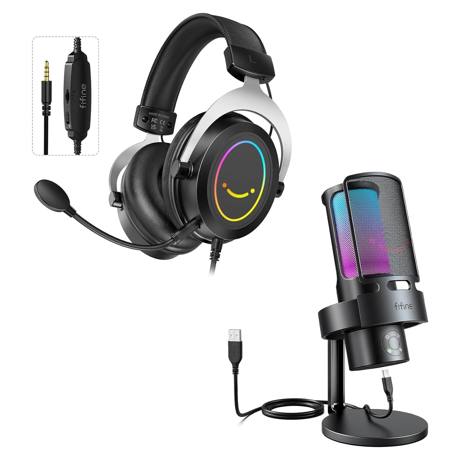 Micrófono USB FIFINE para Gaming + Auriculares Over-Ear 3.5mm