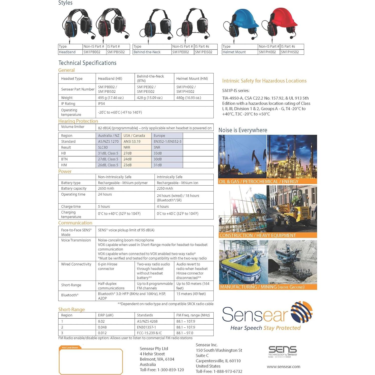 Auricular Inalámbrico Bluetooth Sensear SM1P 24dB NRR Pro