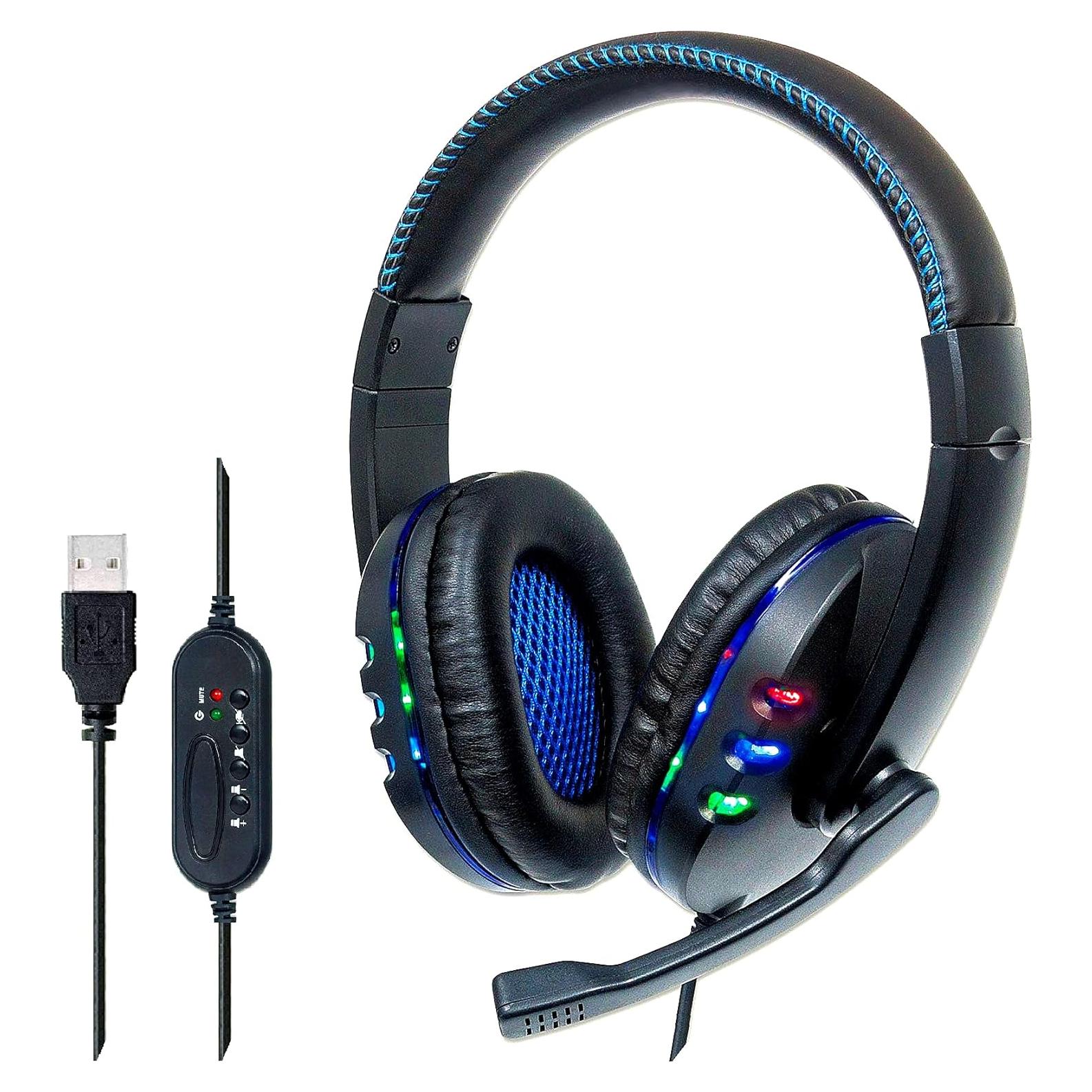 Manhattan USB-A Gaming Headset with LEDs. Retractable Built-in Microphone, Audio Control, Integrated 1.8 m Cable, Black and Blue