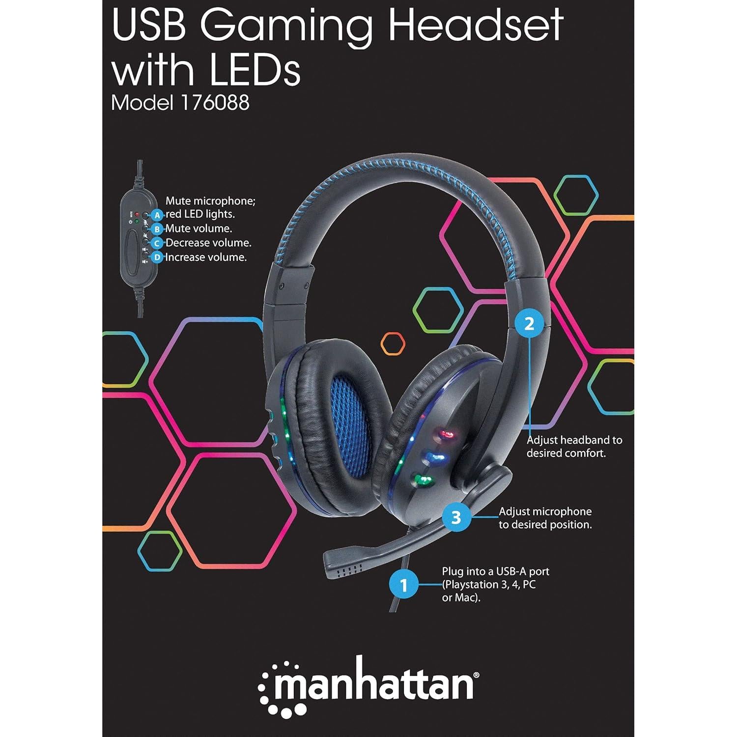 Manhattan USB-A Gaming Headset with LEDs. Retractable Built-in Microphone, Audio Control, Integrated 1.8 m Cable, Black and Blue