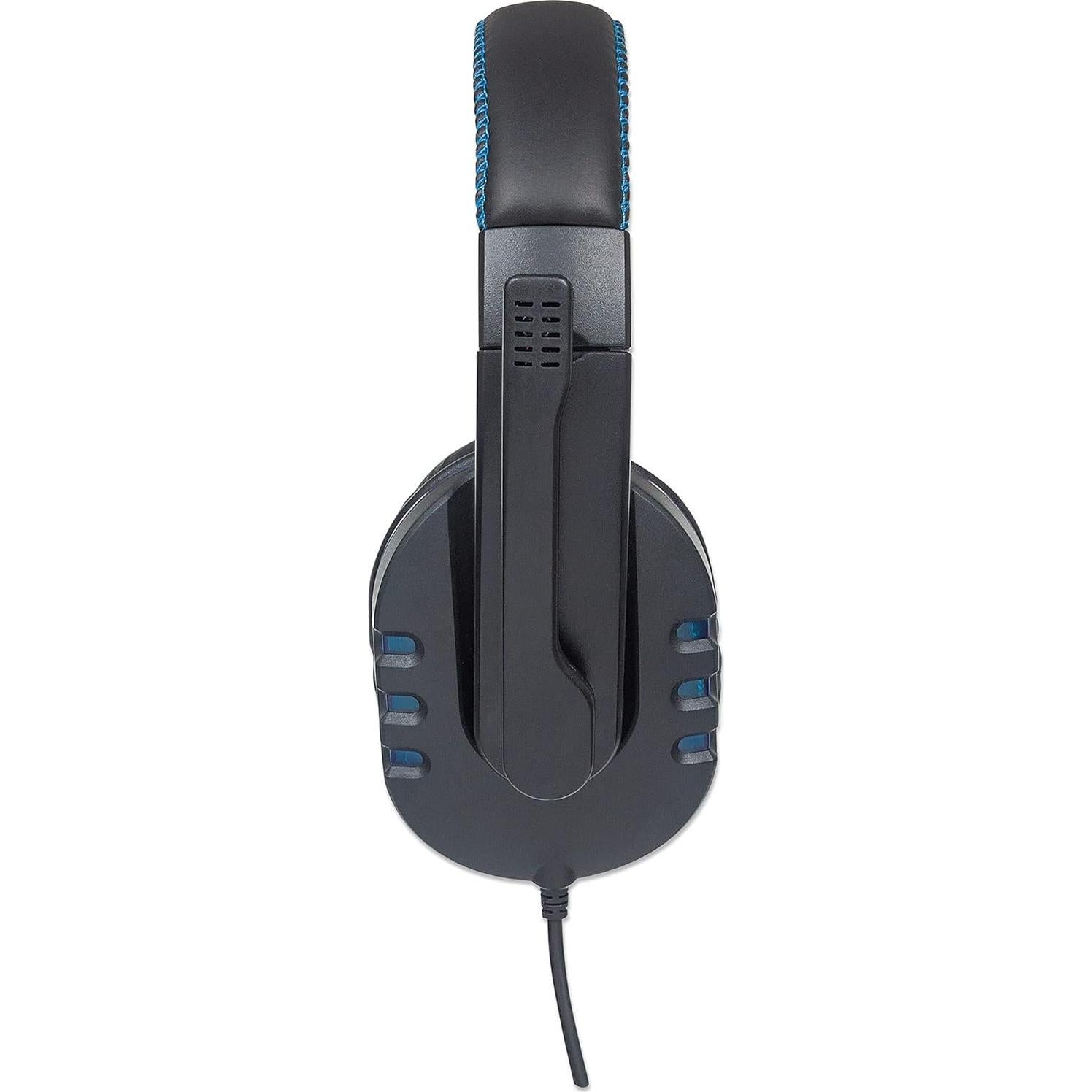 Manhattan USB-A Gaming Headset with LEDs. Retractable Built-in Microphone, Audio Control, Integrated 1.8 m Cable, Black and Blue