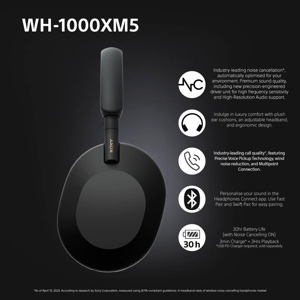 Noise Canceling Wireless Headphones - 30hr Battery Life - Over-Ear Style - Optimized for Alexa and Google Assistant - Built-in mic for Calls - WH-1000XM5B.CE7 - Limited Edition - Charcoal Black