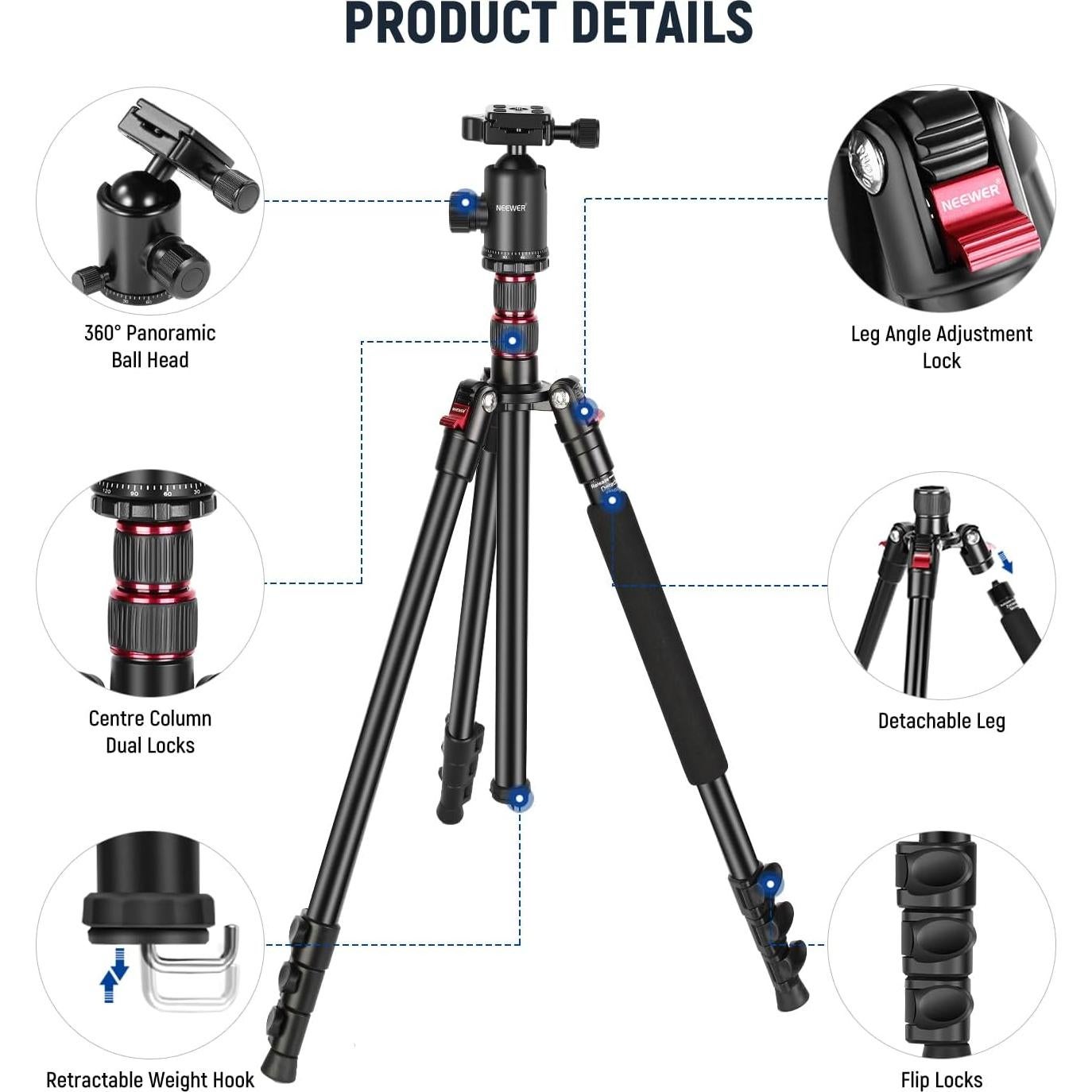 Trípode de Cámara NEEWER TP77 Aluminio 34lb Control Remoto