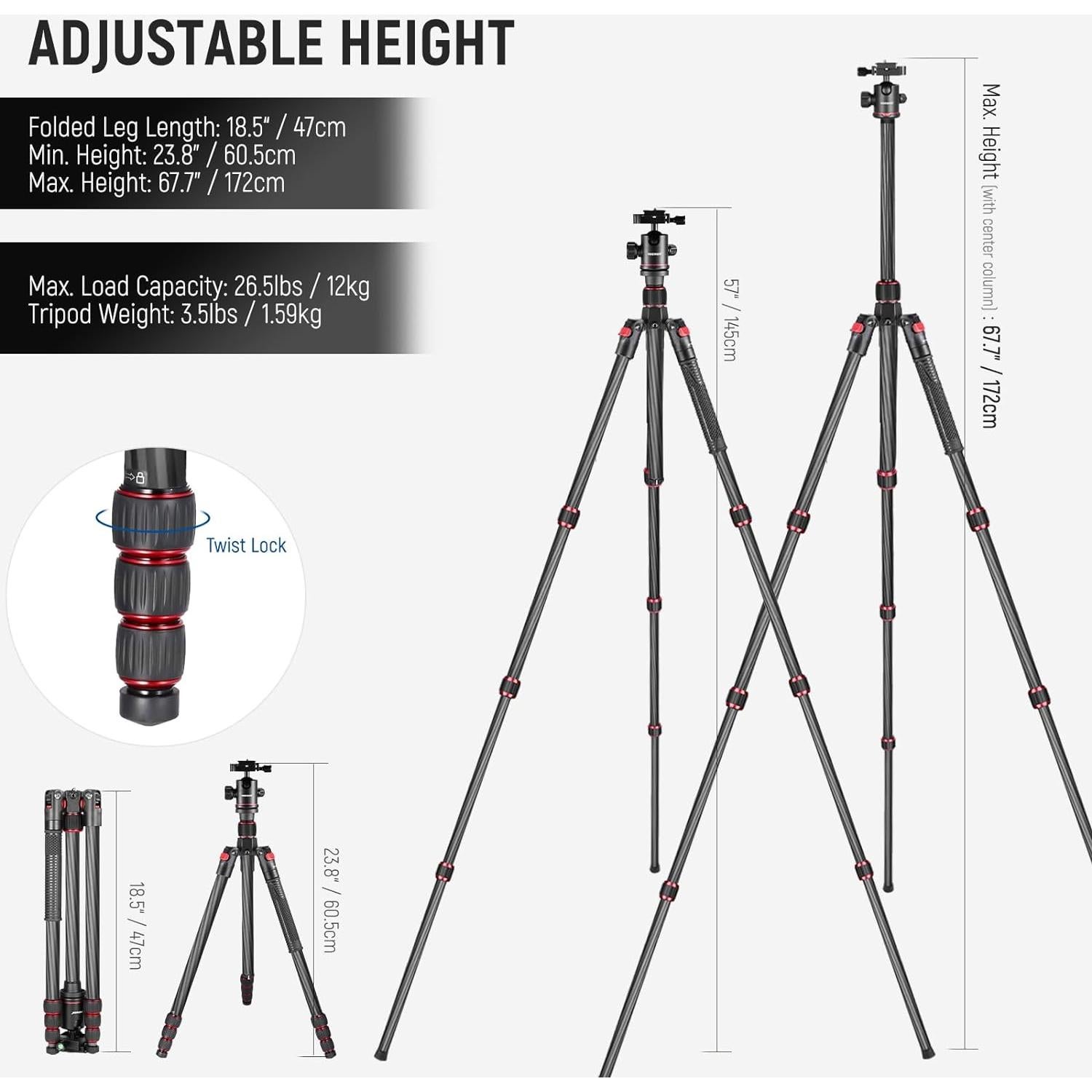 NEEWER 66"/168cm Carbon Fiber Tripod for Camera with 360° Panorama Ball Head, 1/4" Arca QR Plate, Portable Bag, Compact Travel Tripod Monopod for DSLR Video Camcorder, Max Load 26.5lb/12kg, N55C