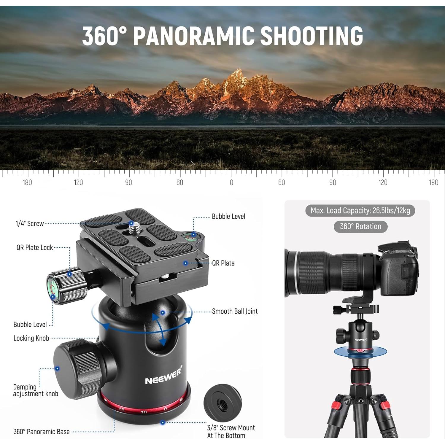 NEEWER 66"/168cm Carbon Fiber Tripod for Camera with 360° Panorama Ball Head, 1/4" Arca QR Plate, Portable Bag, Compact Travel Tripod Monopod for DSLR Video Camcorder, Max Load 26.5lb/12kg, N55C