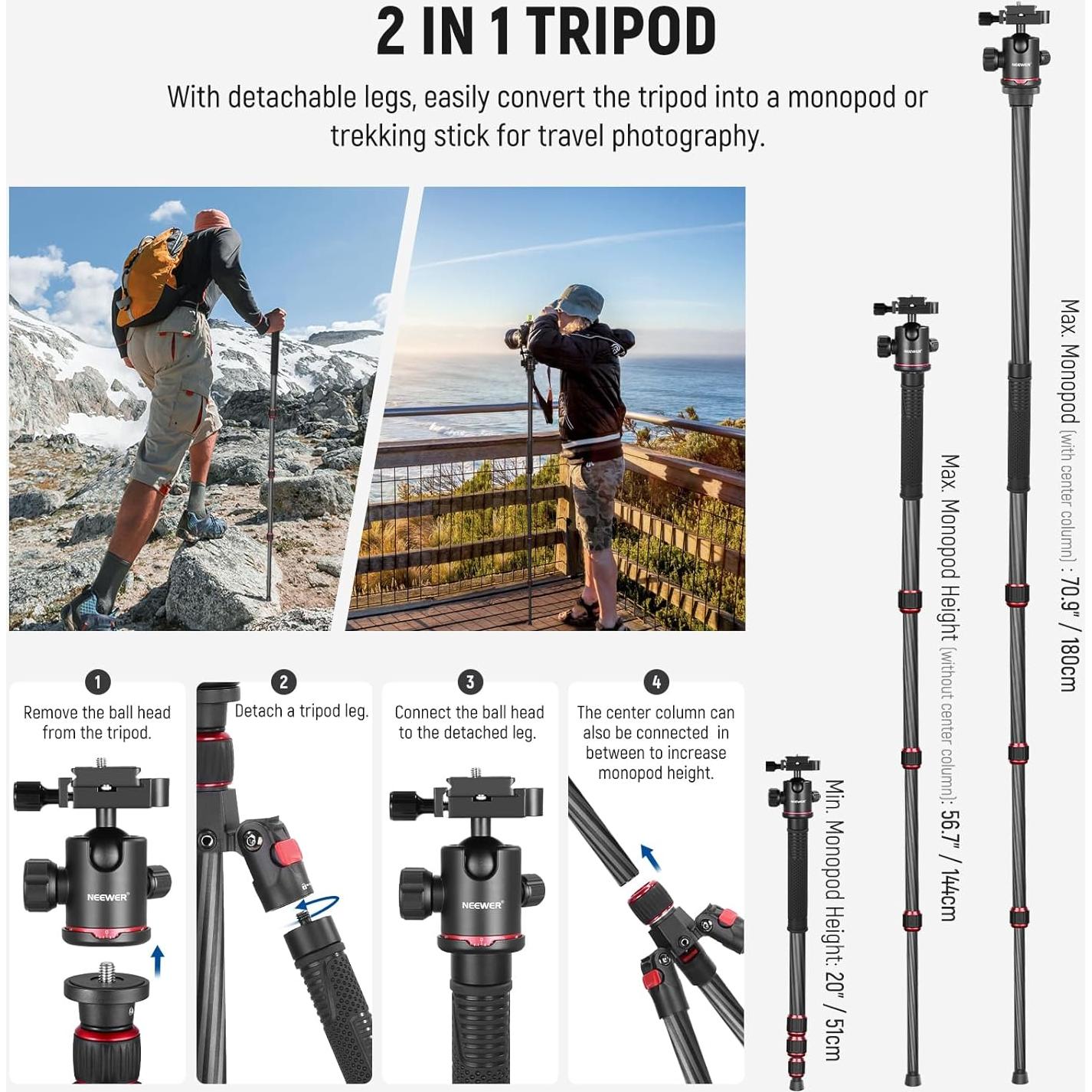 NEEWER 66"/168cm Carbon Fiber Tripod for Camera with 360° Panorama Ball Head, 1/4" Arca QR Plate, Portable Bag, Compact Travel Tripod Monopod for DSLR Video Camcorder, Max Load 26.5lb/12kg, N55C