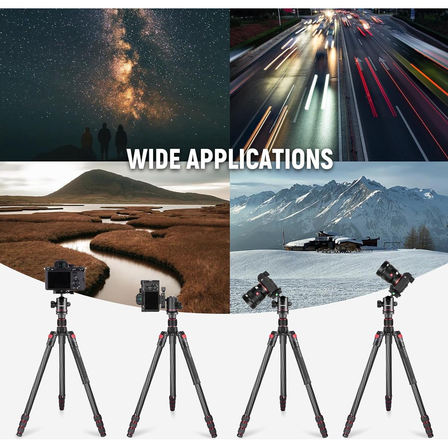 NEEWER 66"/168cm Carbon Fiber Tripod for Camera with 360° Panorama Ball Head, 1/4" Arca QR Plate, Portable Bag, Compact Travel Tripod Monopod for DSLR Video Camcorder, Max Load 26.5lb/12kg, N55C