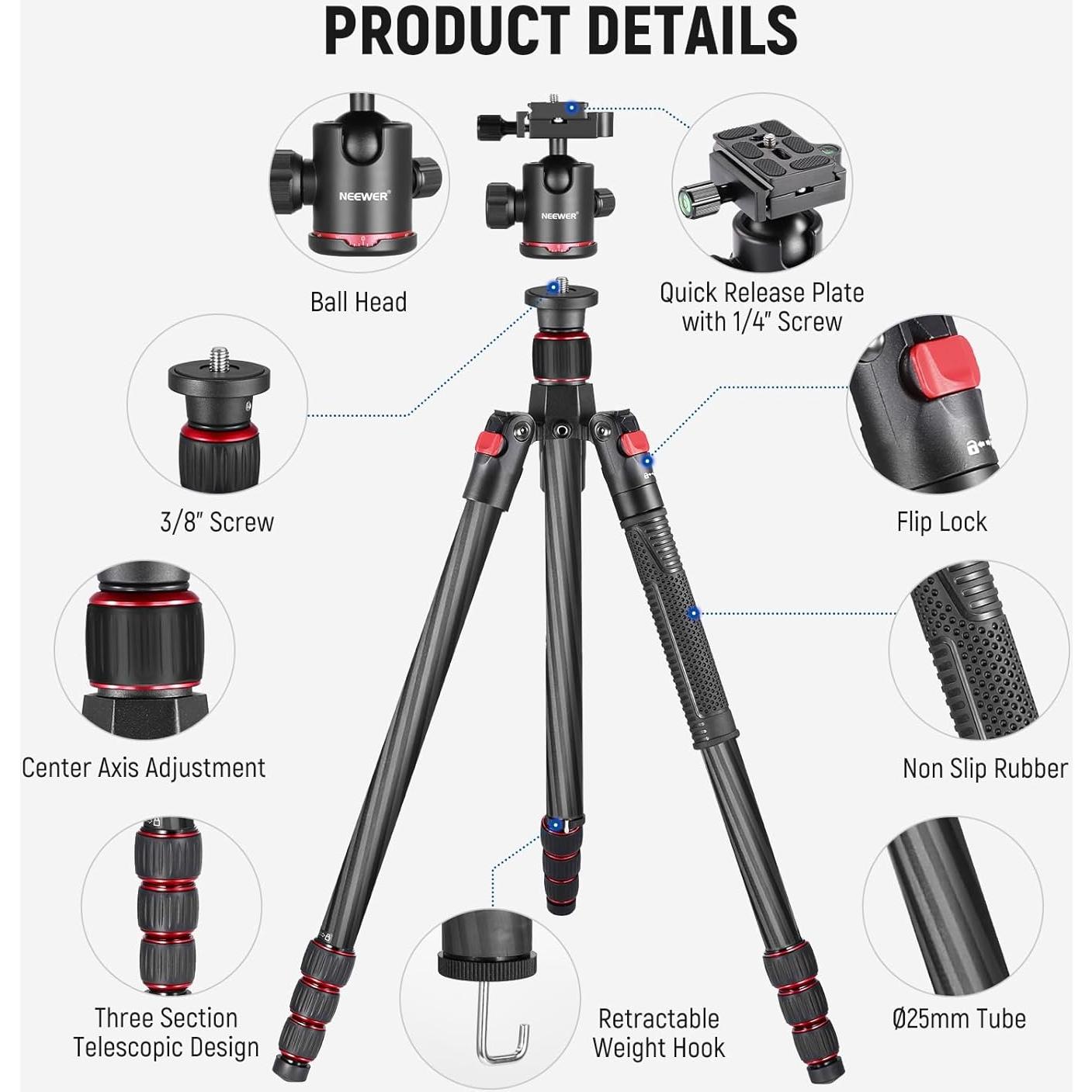 NEEWER 66"/168cm Carbon Fiber Tripod for Camera with 360° Panorama Ball Head, 1/4" Arca QR Plate, Portable Bag, Compact Travel Tripod Monopod for DSLR Video Camcorder, Max Load 26.5lb/12kg, N55C