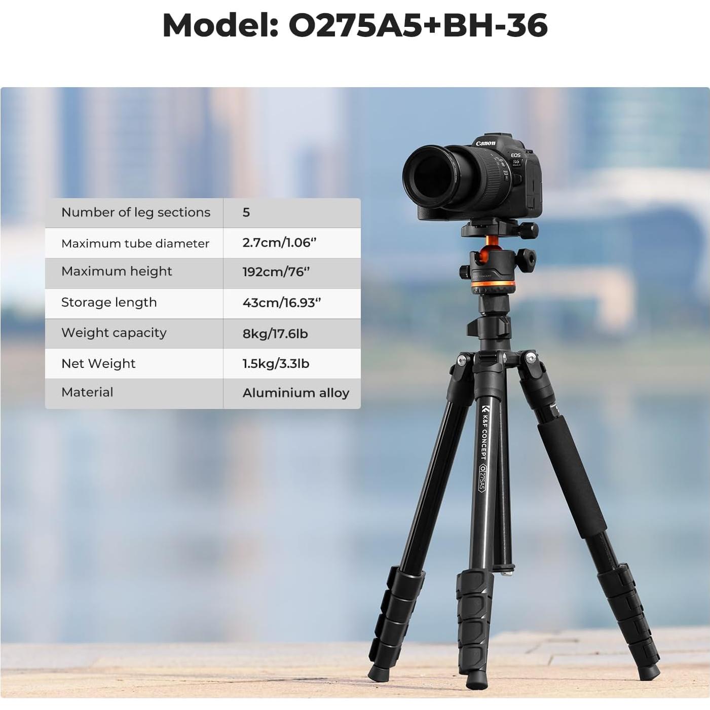 Trípode K&F Concept 193 cm para Cámara y Smartphone, 7.98 kg