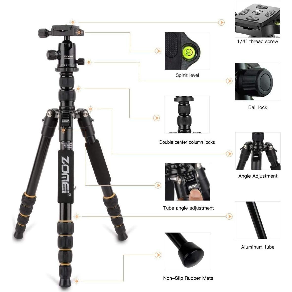 Trípode ZOMEi Q666 62" Ligero para DSLR con Cabezal de Bola
