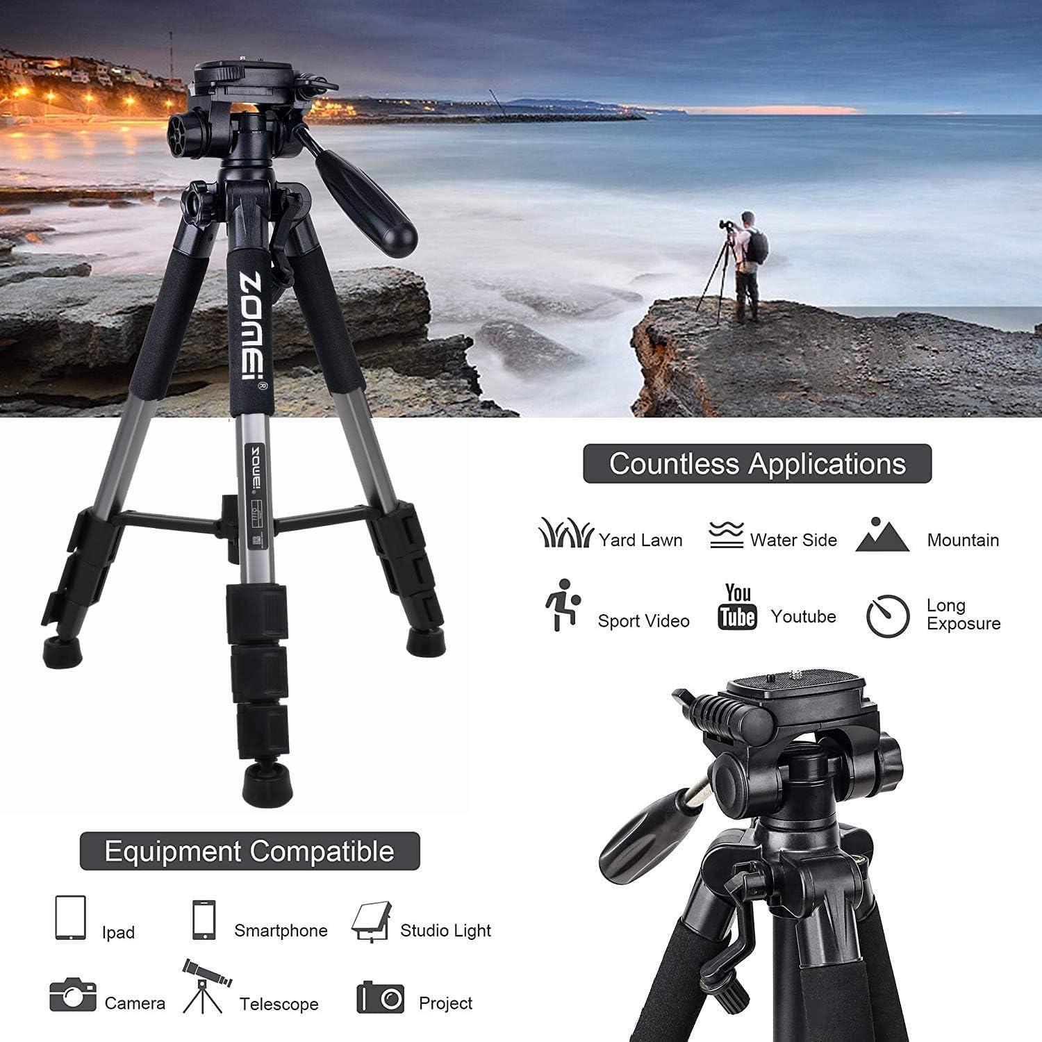 Camera Tripod, ZOMEI Q111 55-inch Smartphone Tripod Flexible Aluminum Travel Tripod with 3-Way Pan Head and Phone Holder, for Photography YouTube Smartphones Cameras and LED Ring Light (Silver)