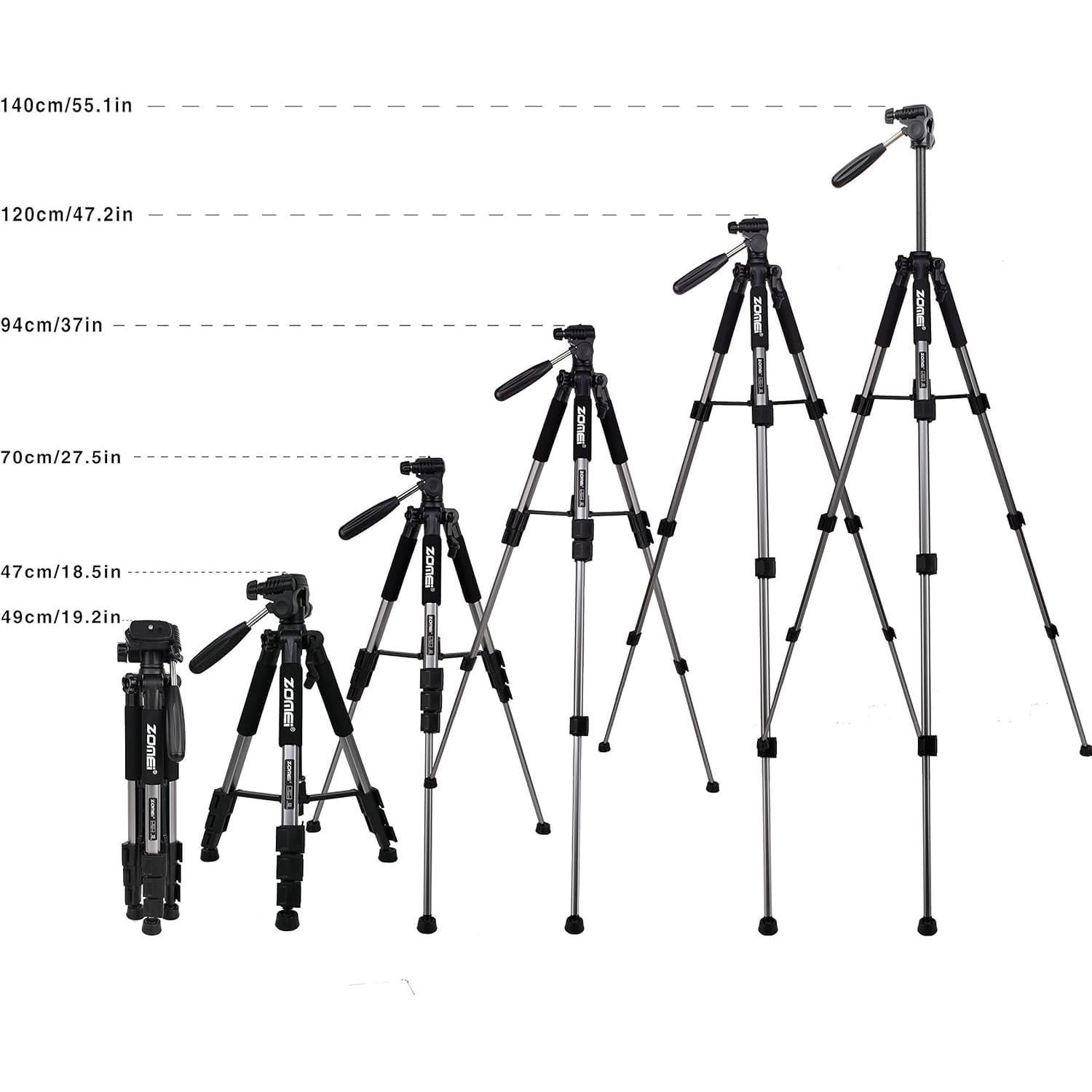 Camera Tripod, ZOMEI Q111 55-inch Smartphone Tripod Flexible Aluminum Travel Tripod with 3-Way Pan Head and Phone Holder, for Photography YouTube Smartphones Cameras and LED Ring Light (Silver)