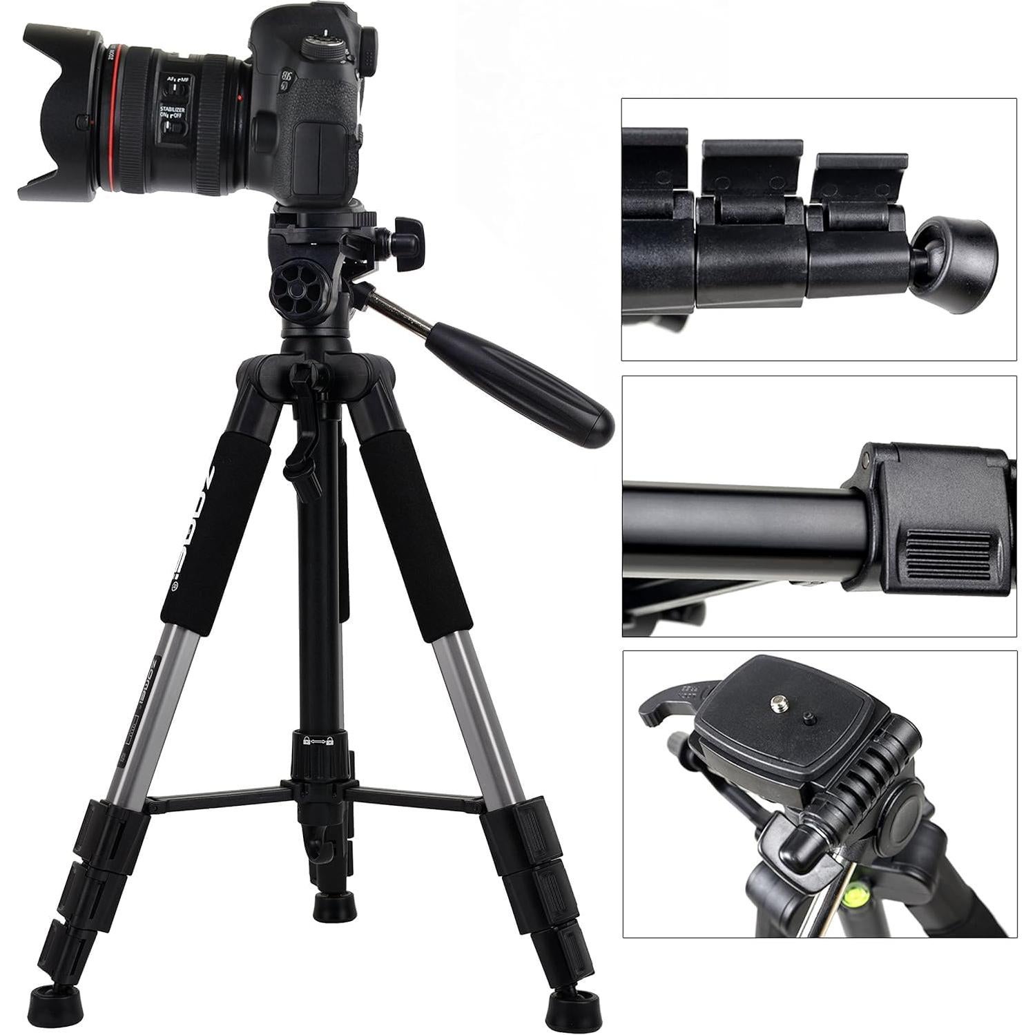 Camera Tripod, ZOMEI Q111 55-inch Smartphone Tripod Flexible Aluminum Travel Tripod with 3-Way Pan Head and Phone Holder, for Photography YouTube Smartphones Cameras and LED Ring Light (Silver)