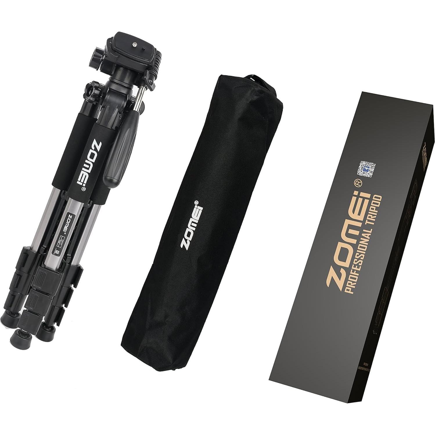 Camera Tripod, ZOMEI Q111 55-inch Smartphone Tripod Flexible Aluminum Travel Tripod with 3-Way Pan Head and Phone Holder, for Photography YouTube Smartphones Cameras and LED Ring Light (Silver)