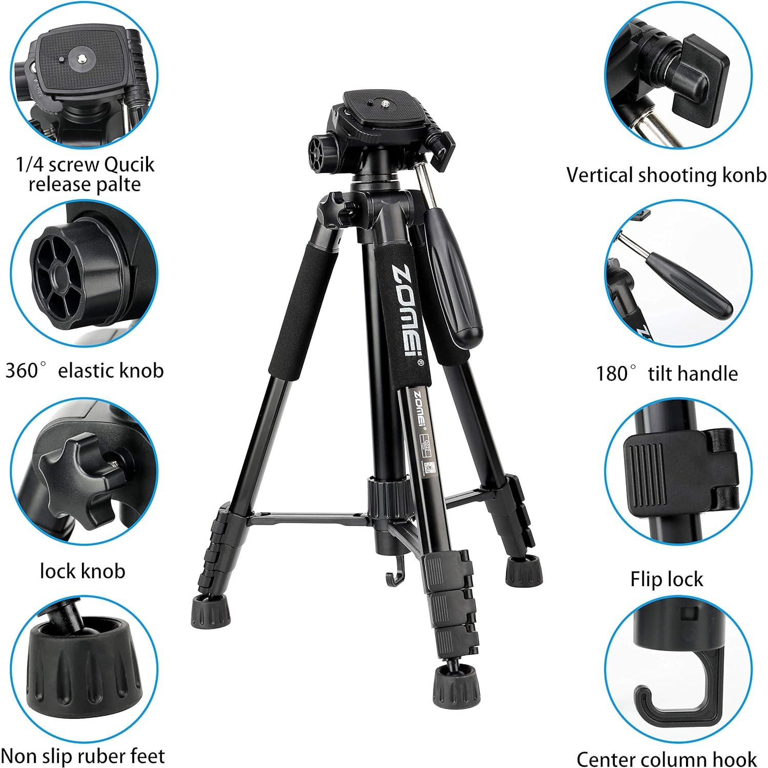 ZOMEI Q222 58" Monopod Tripod with 3-Way Swivel Pan Head and Carrying Bag for Sony Nikon Canon Camera Suitable for Sony Nikon Canon Suitable for Live Photo Video