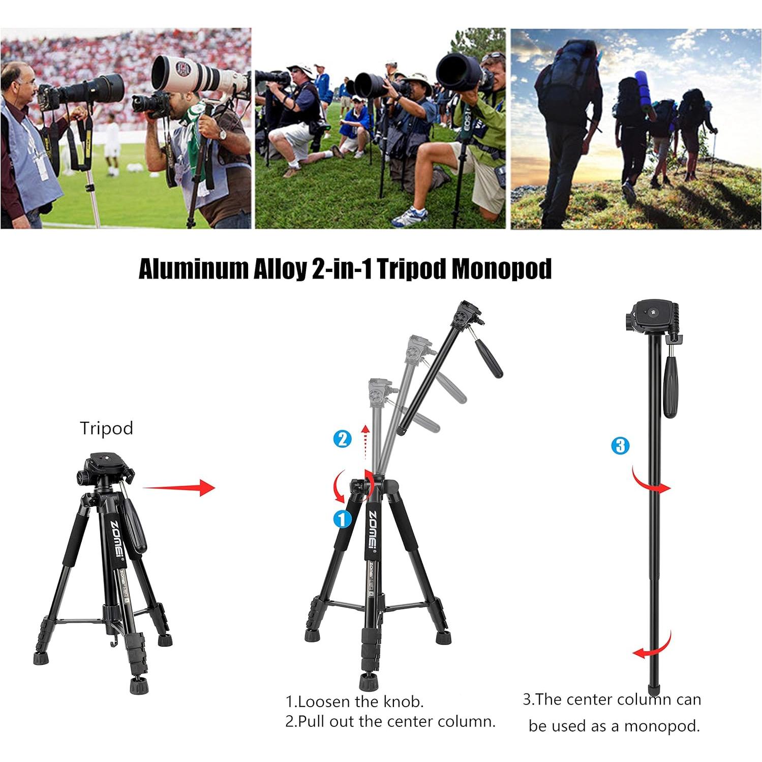 ZOMEI Q222 58" Monopod Tripod with 3-Way Swivel Pan Head and Carrying Bag for Sony Nikon Canon Camera Suitable for Sony Nikon Canon Suitable for Live Photo Video