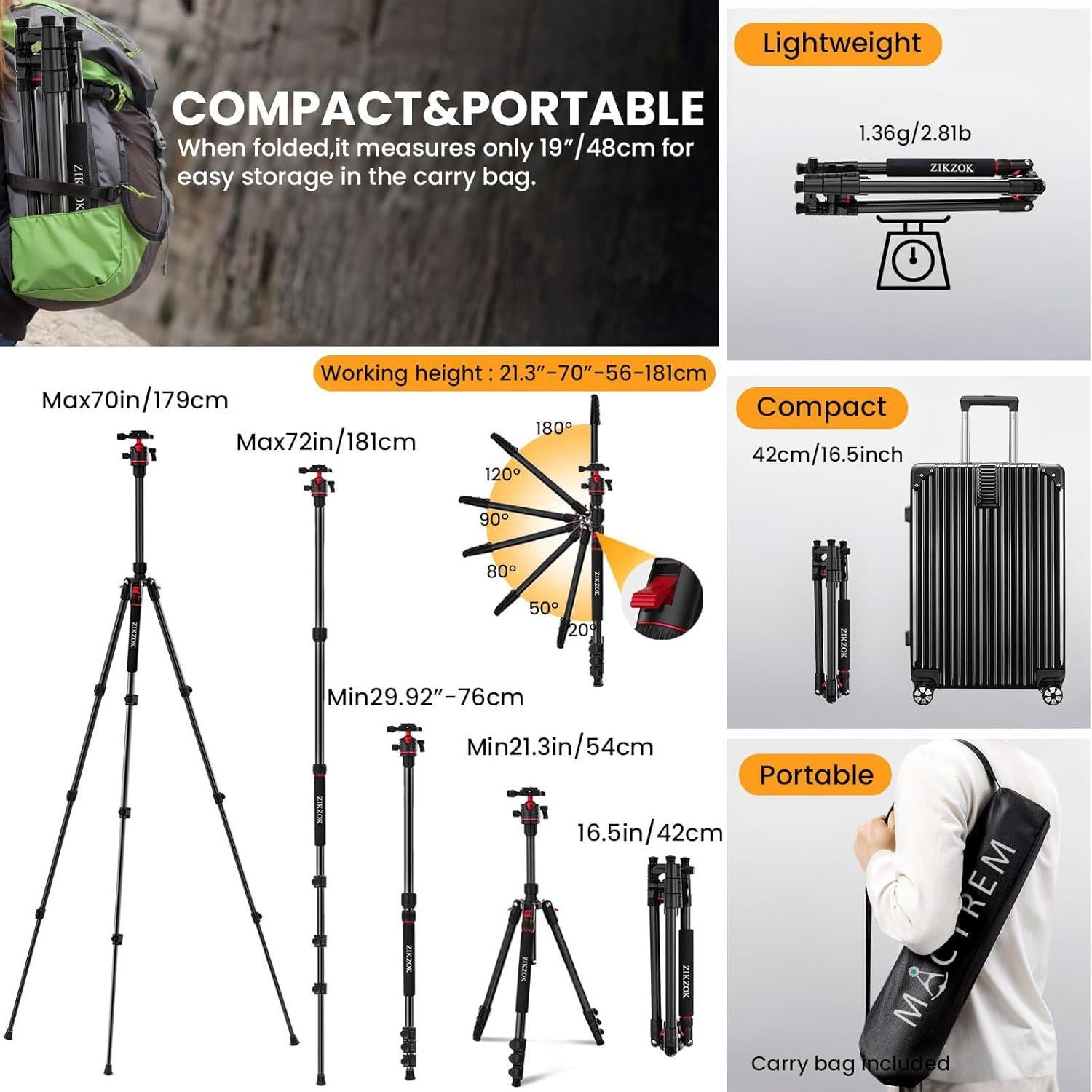 Trípode de Aluminio ZIKZOK CT67 para Cámara y Teléfono