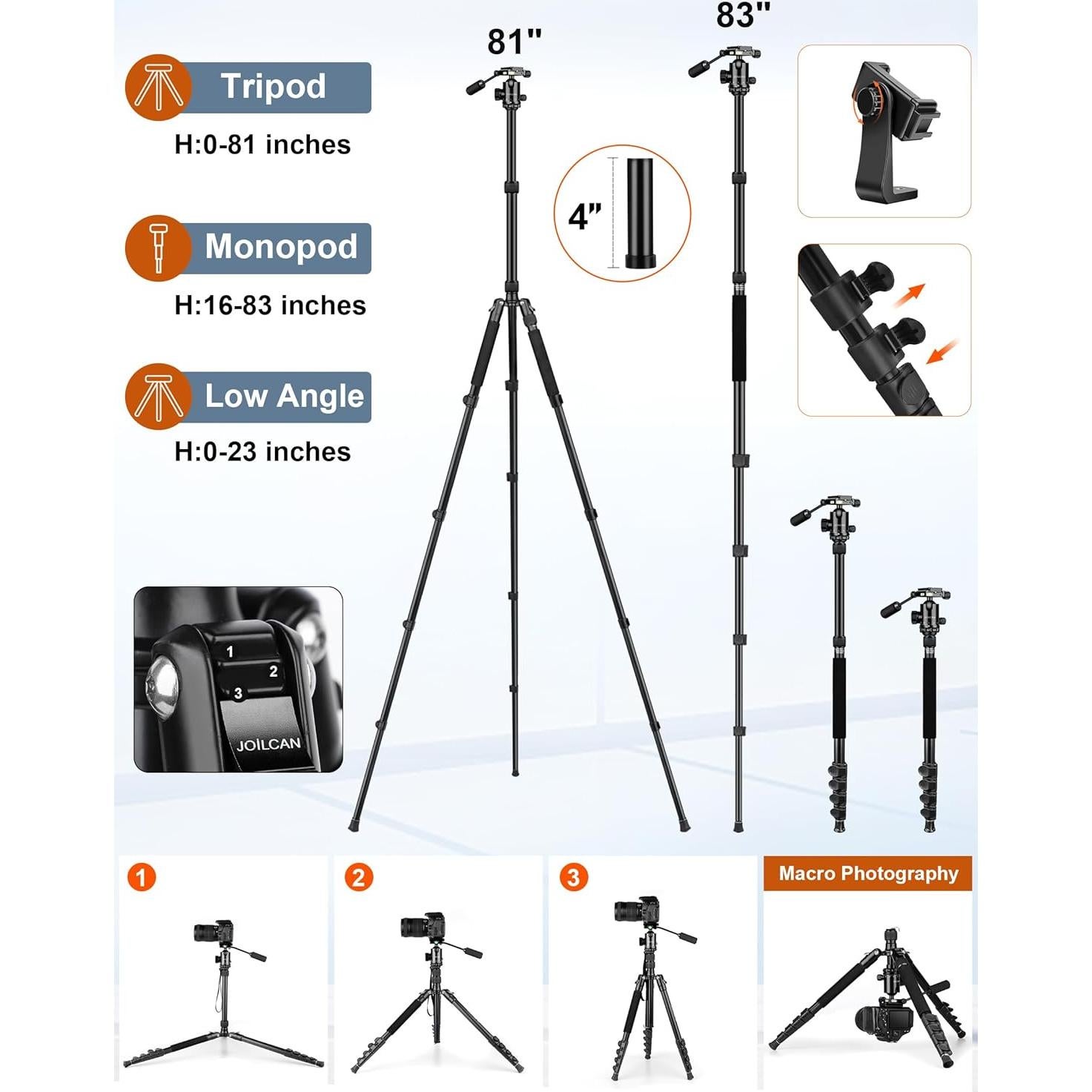 Trípode JOILCAN de Aluminio 83" para Cámara DSLR y Monopod