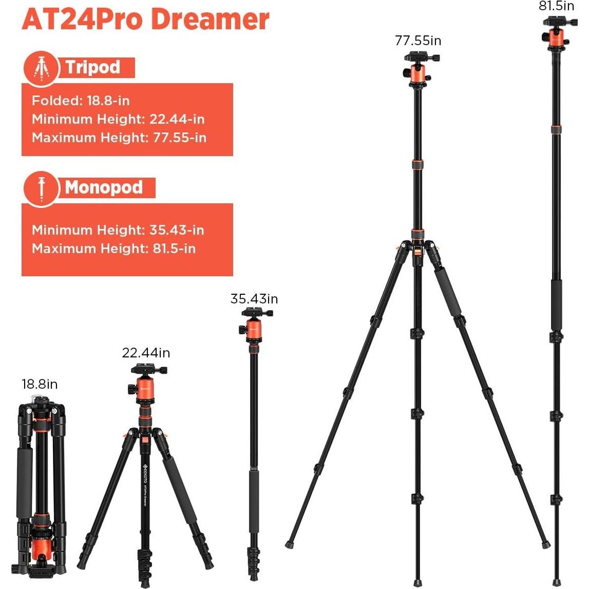 Trípode GEEKOTO AT24 Pro 77'' Aluminio 8kg Carga 360°