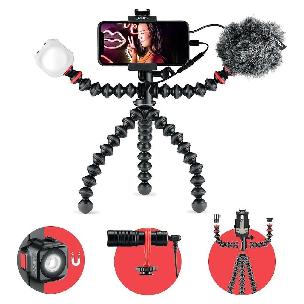 JOBY GorillaPod Mobile Vlogging Kit (Smartphone Rig, Wavo Mobile Mic, Beamo Mini LED Light) Flexible Tripod, Phone Holder, Vlog Microphone, Vlog Light, Vlogging Camera Kit, Content Creator