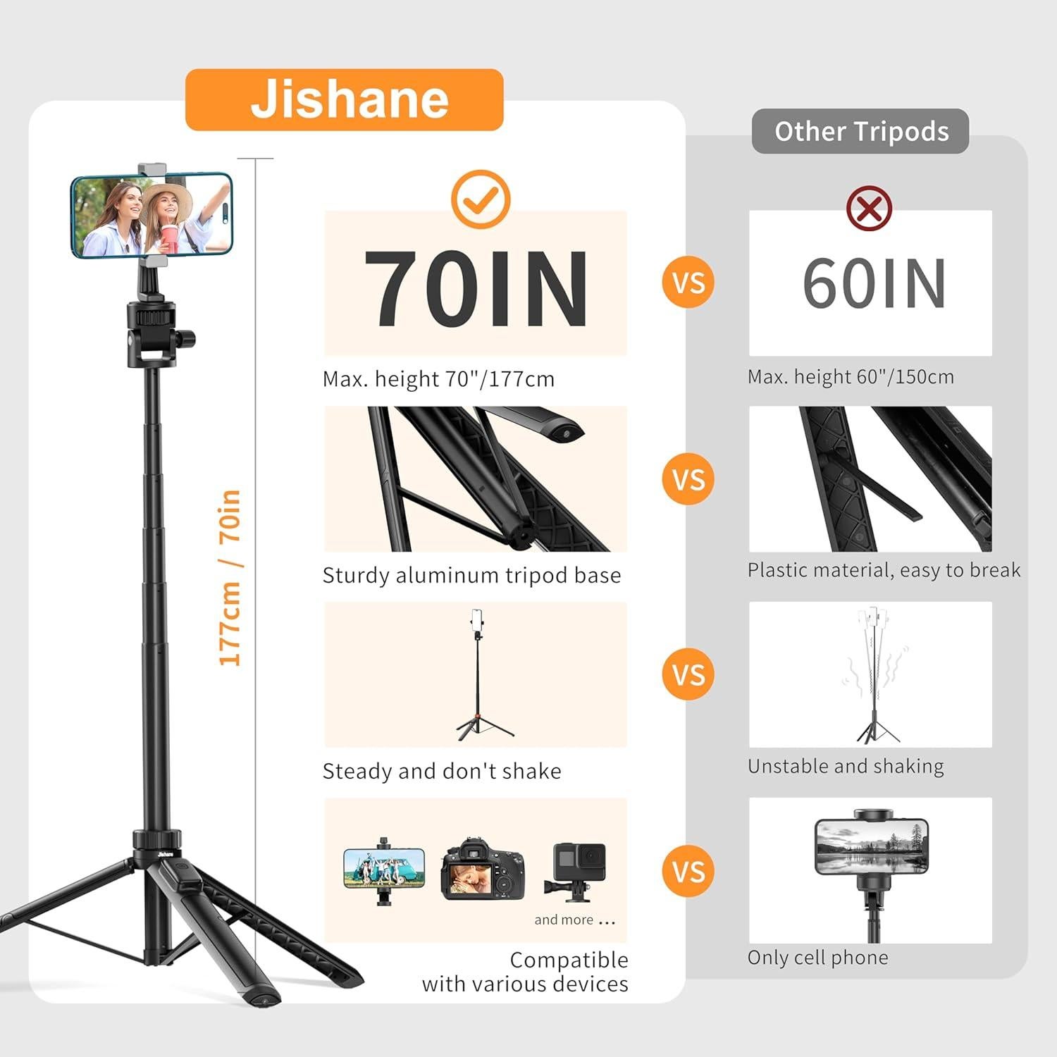 Trípode de selfie Jishane 70" (177.8 cm) con control remoto