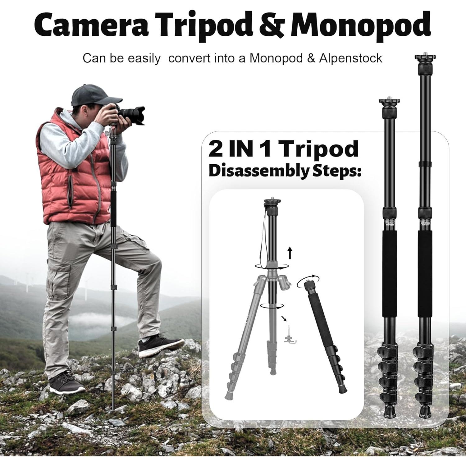 JOILCAN Tripod for Camera, 74" Camera Tripods & Monopods, Professional Aluminum Tripod for Spotting Scope Binoculars, Compatible with 1/4"-20 and 3/8"-16 Video Head, Payload 35lb