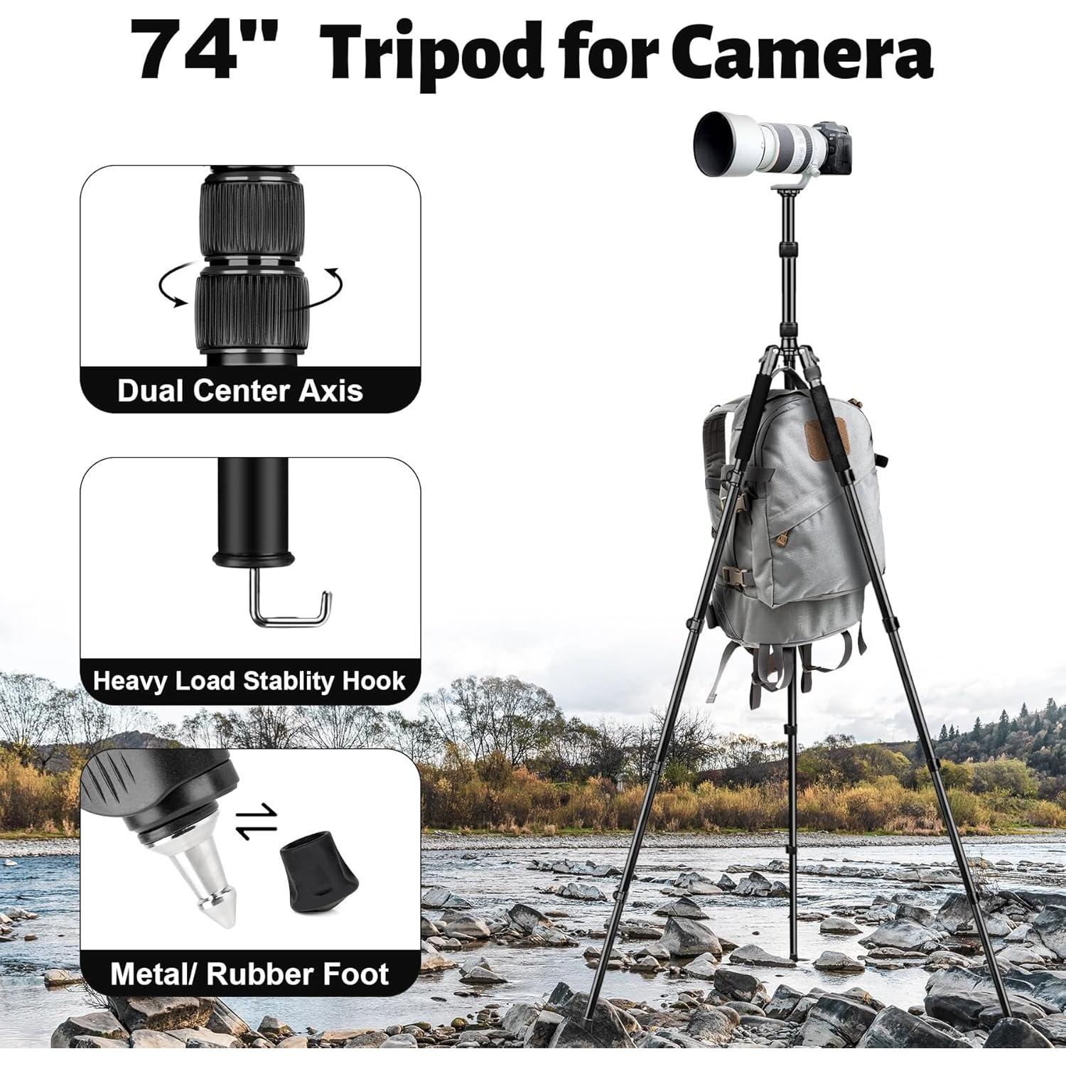JOILCAN Tripod for Camera, 74" Camera Tripods & Monopods, Professional Aluminum Tripod for Spotting Scope Binoculars, Compatible with 1/4"-20 and 3/8"-16 Video Head, Payload 35lb