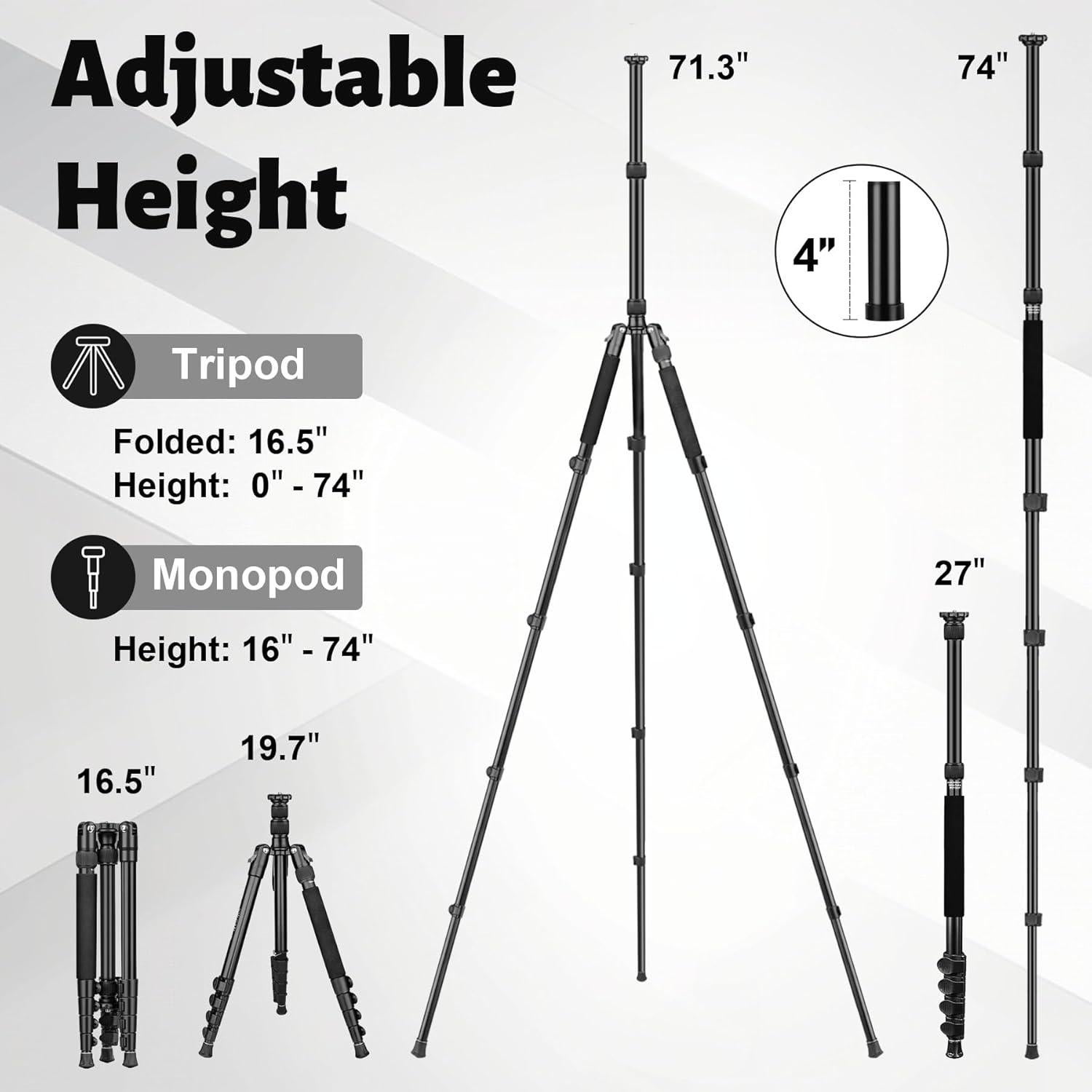 JOILCAN Tripod for Camera, 74" Camera Tripods & Monopods, Professional Aluminum Tripod for Spotting Scope Binoculars, Compatible with 1/4"-20 and 3/8"-16 Video Head, Payload 35lb