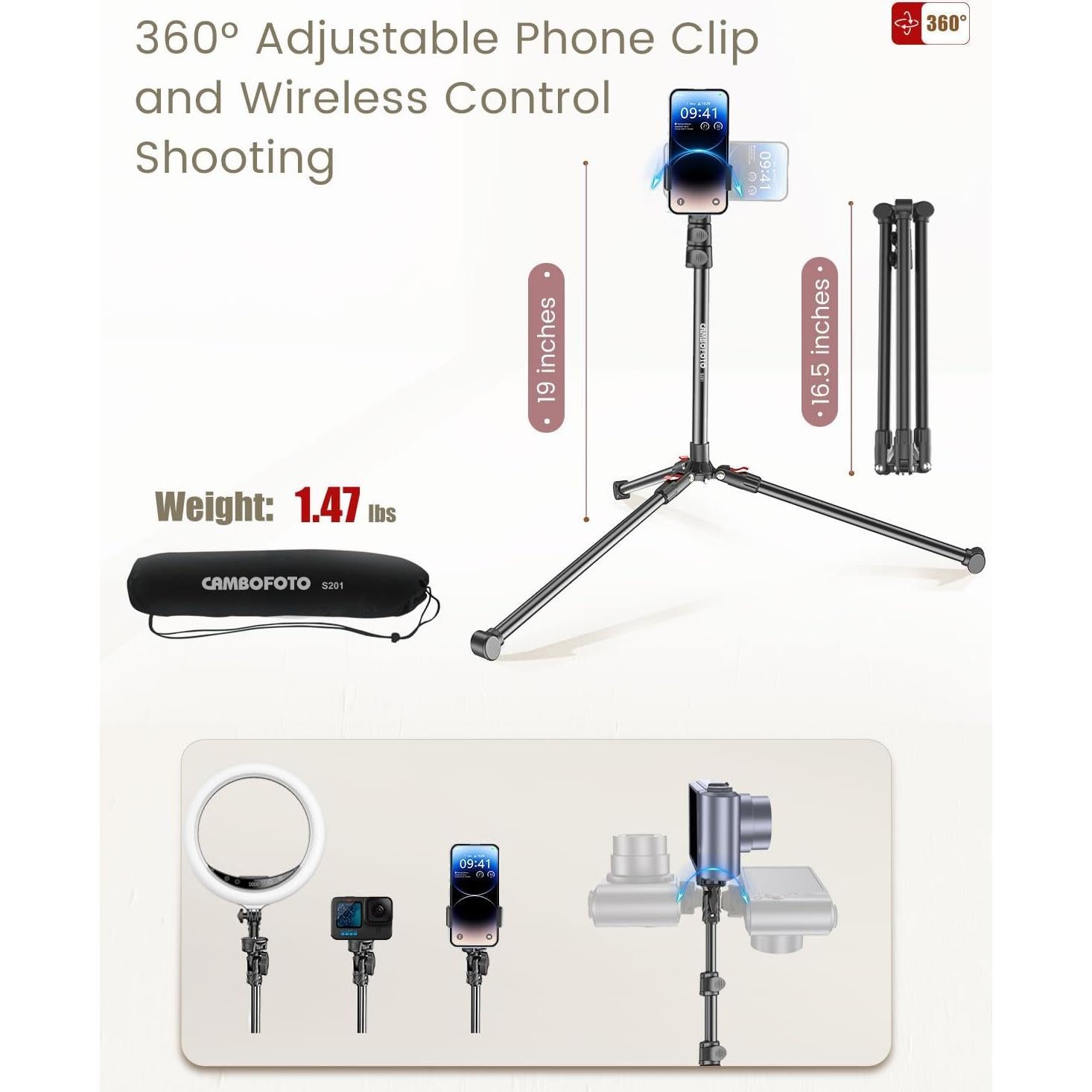 Trípode para Teléfono CAMBOFOTO S201 - Altura 220 cm, Control Remoto