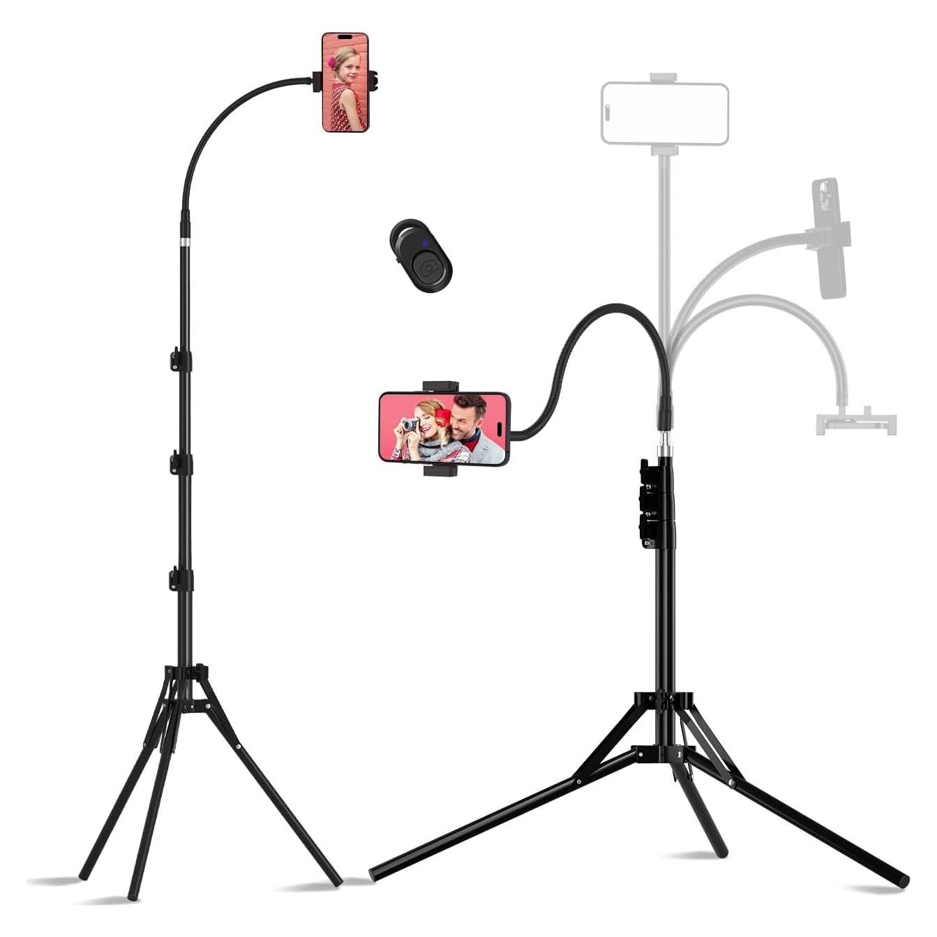Phone Tripod, 6.75 FT Tall Phone Tripod Stand with Flexible Gooseneck, Overhead 360°Adjustable Tripod with Phone Holder, Compatible with iPhone 16 Pro Max/Plus/16/15/14 for Video Recording