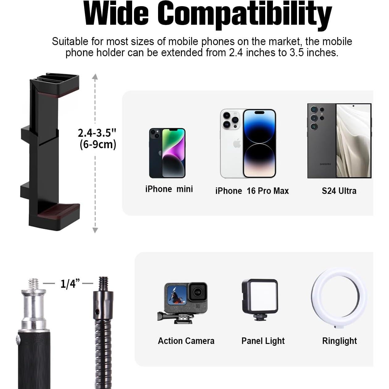 Phone Tripod, 6.75 FT Tall Phone Tripod Stand with Flexible Gooseneck, Overhead 360°Adjustable Tripod with Phone Holder, Compatible with iPhone 16 Pro Max/Plus/16/15/14 for Video Recording