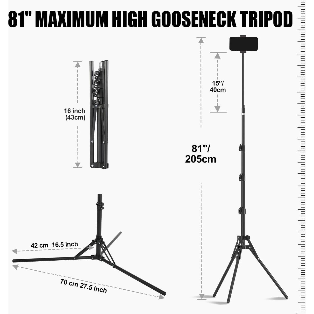 Phone Tripod, 6.75 FT Tall Phone Tripod Stand with Flexible Gooseneck, Overhead 360°Adjustable Tripod with Phone Holder, Compatible with iPhone 16 Pro Max/Plus/16/15/14 for Video Recording