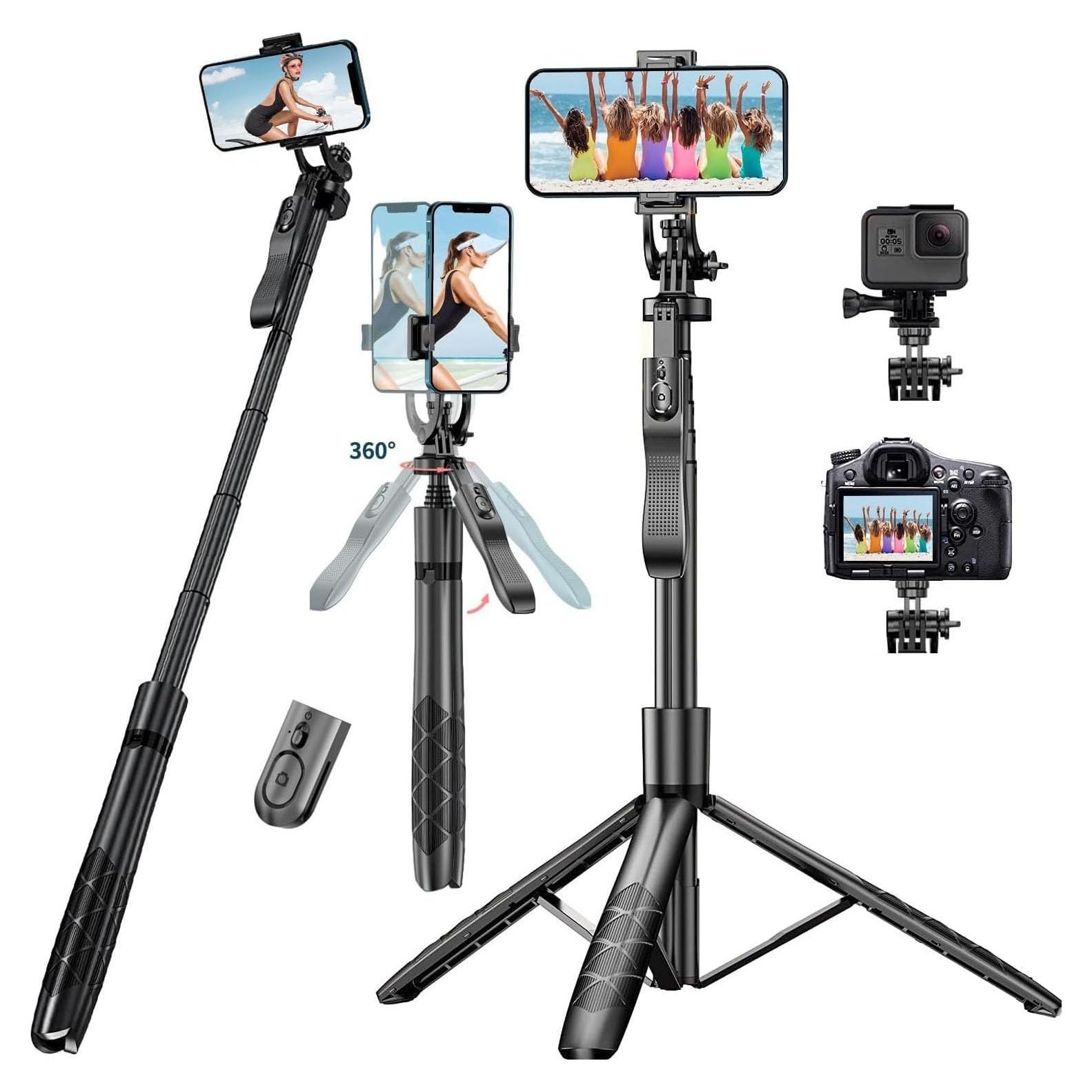 Selfie Stick Phone Tripod for iPhone - 60" Extendable Cellphone Tripod Selfie Stick for iPhone Android Camera 360° Rotating Travel Tripods Stabilizer Phone Stand Holder for Pictures Video Record Vlog