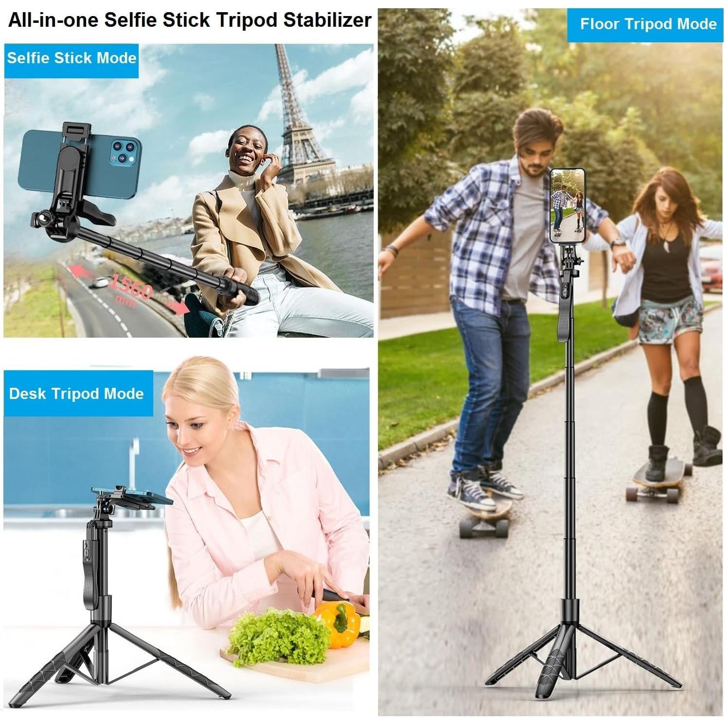 Selfie Stick Phone Tripod for iPhone - 60" Extendable Cellphone Tripod Selfie Stick for iPhone Android Camera 360° Rotating Travel Tripods Stabilizer Phone Stand Holder for Pictures Video Record Vlog