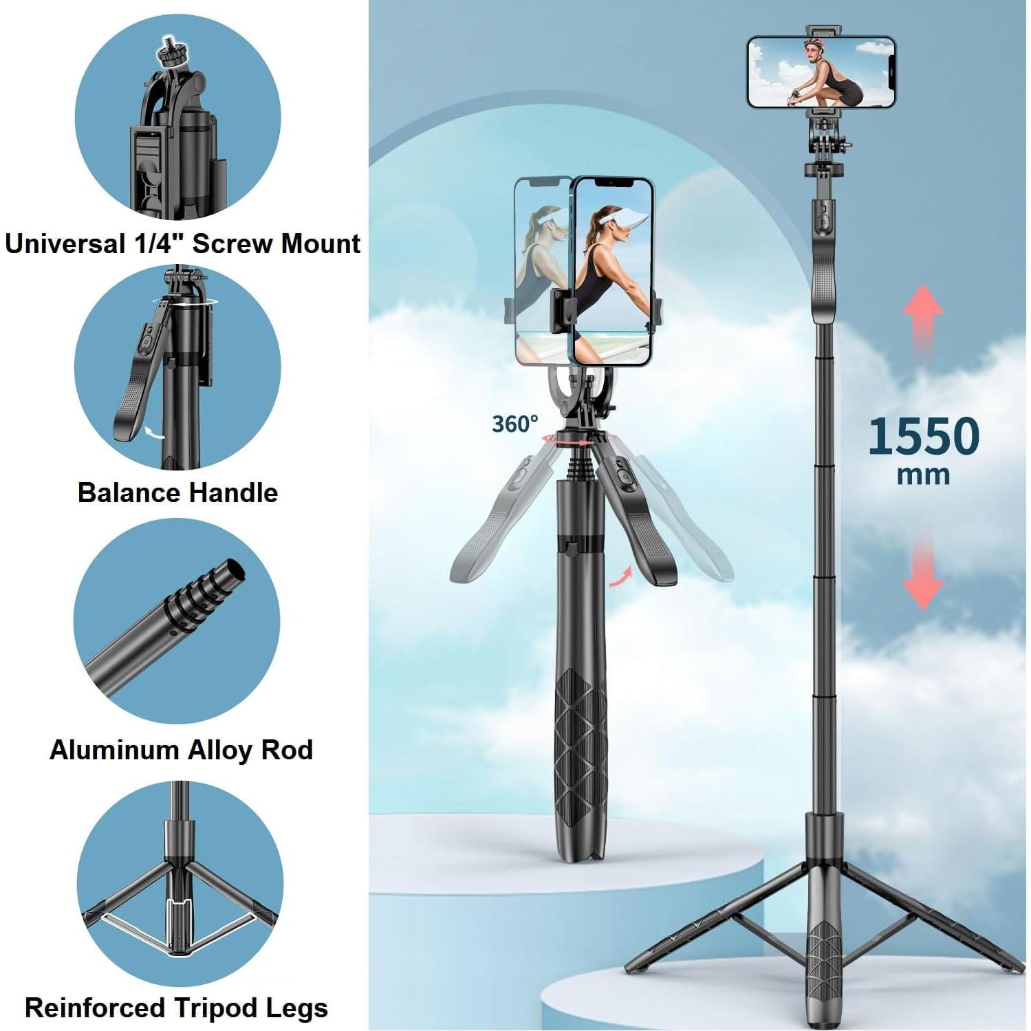 Selfie Stick Phone Tripod for iPhone - 60" Extendable Cellphone Tripod Selfie Stick for iPhone Android Camera 360° Rotating Travel Tripods Stabilizer Phone Stand Holder for Pictures Video Record Vlog