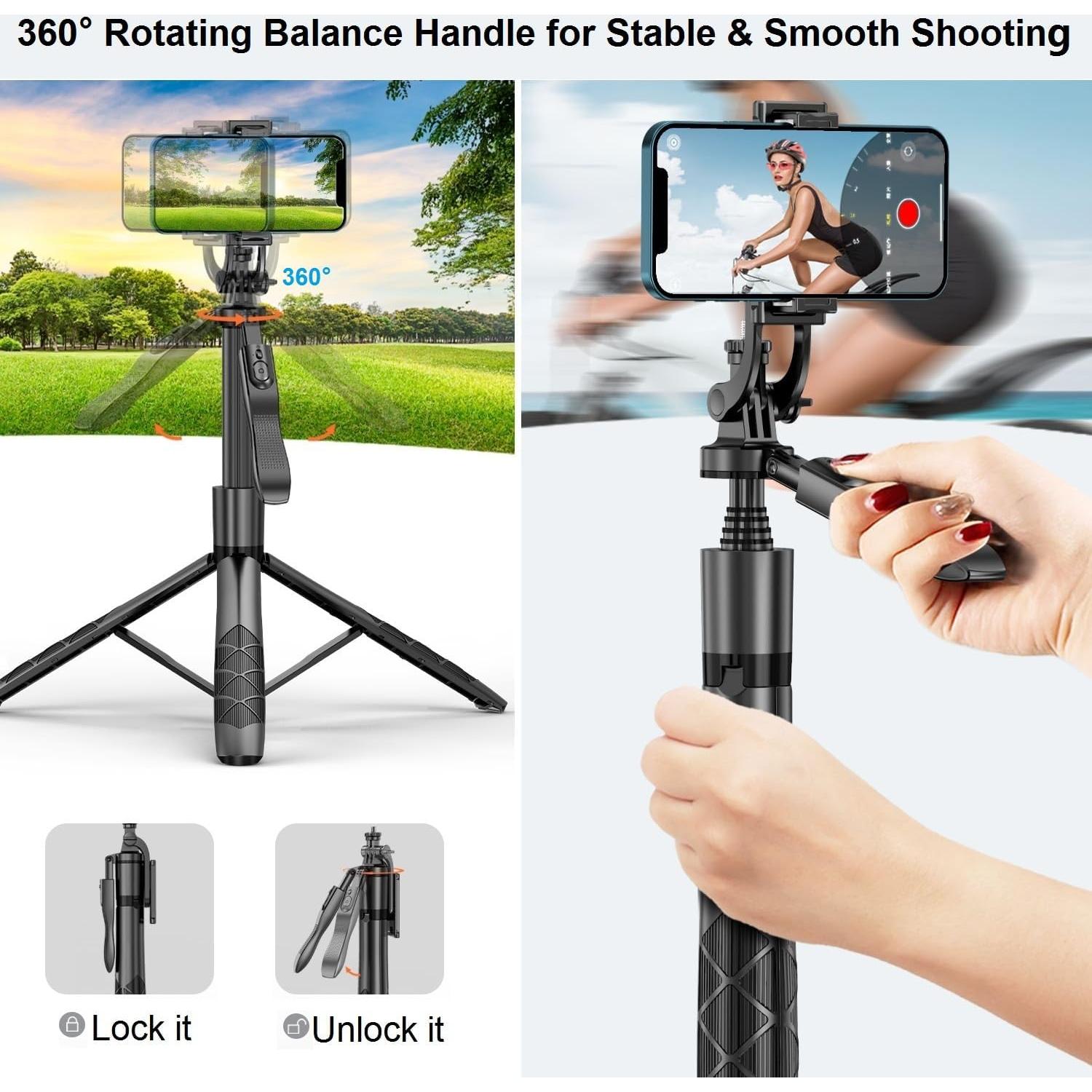 Selfie Stick Phone Tripod for iPhone - 60" Extendable Cellphone Tripod Selfie Stick for iPhone Android Camera 360° Rotating Travel Tripods Stabilizer Phone Stand Holder for Pictures Video Record Vlog
