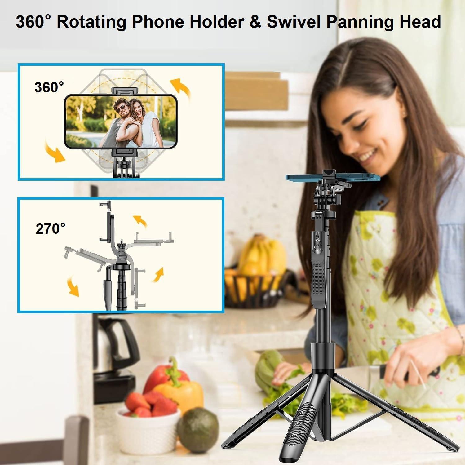 Selfie Stick Phone Tripod for iPhone - 60" Extendable Cellphone Tripod Selfie Stick for iPhone Android Camera 360° Rotating Travel Tripods Stabilizer Phone Stand Holder for Pictures Video Record Vlog