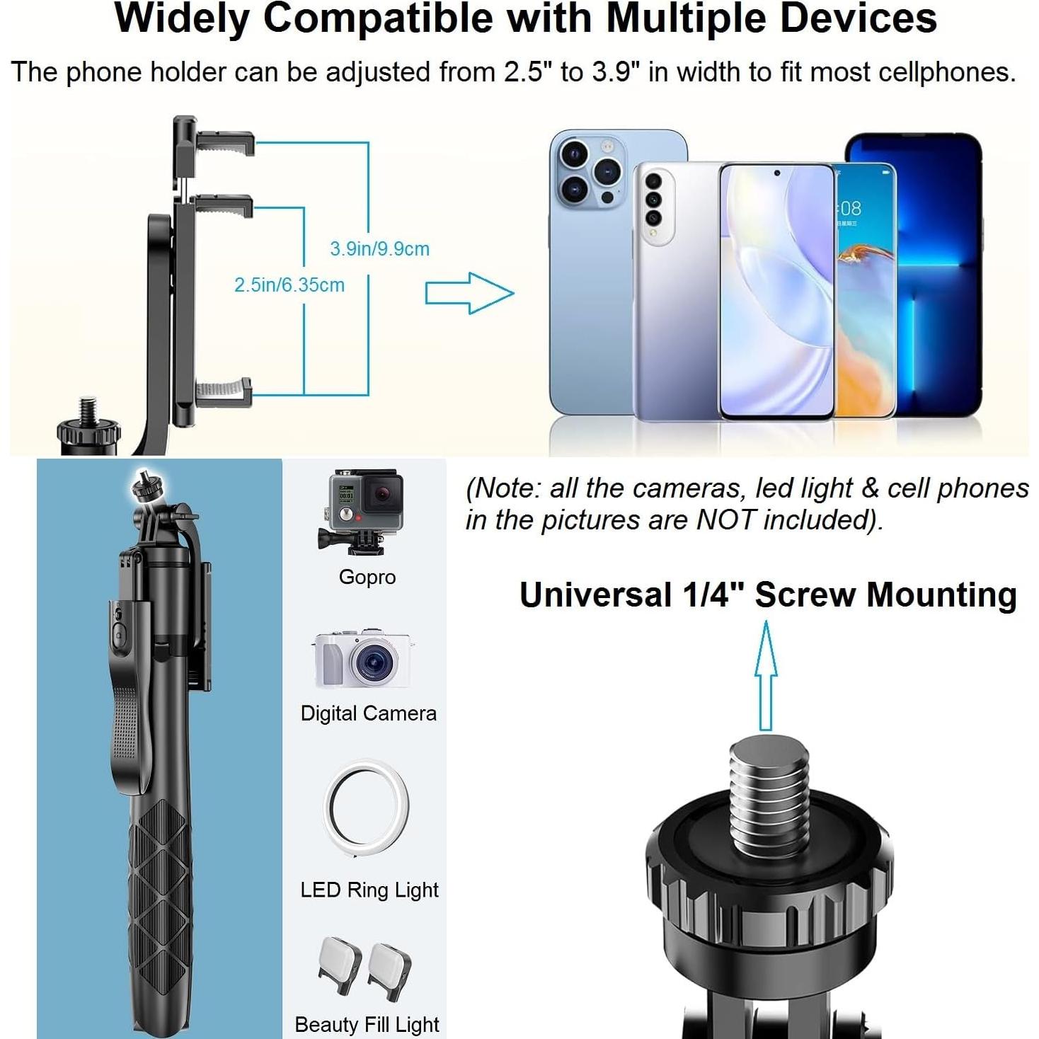Selfie Stick Phone Tripod for iPhone - 60" Extendable Cellphone Tripod Selfie Stick for iPhone Android Camera 360° Rotating Travel Tripods Stabilizer Phone Stand Holder for Pictures Video Record Vlog