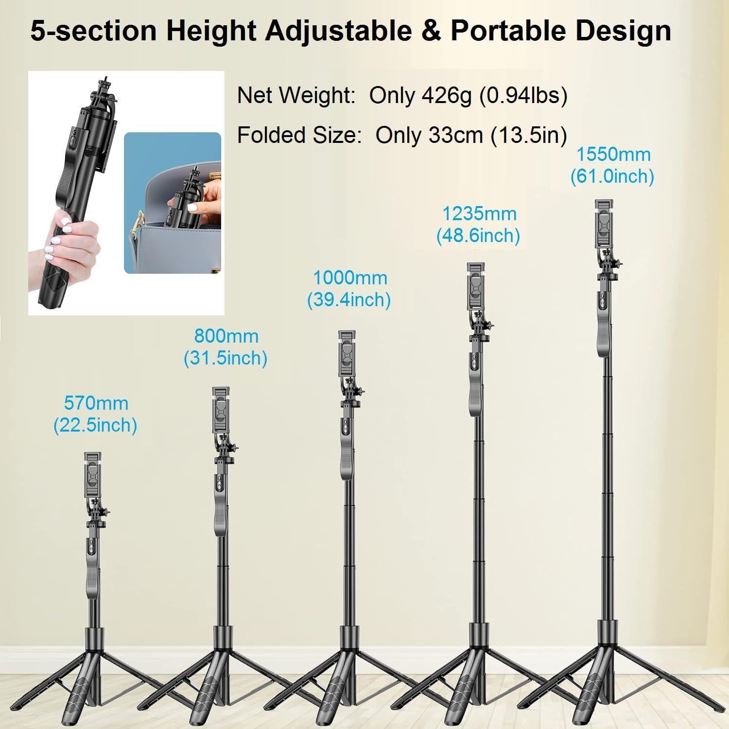 Selfie Stick Phone Tripod for iPhone - 60" Extendable Cellphone Tripod Selfie Stick for iPhone Android Camera 360° Rotating Travel Tripods Stabilizer Phone Stand Holder for Pictures Video Record Vlog