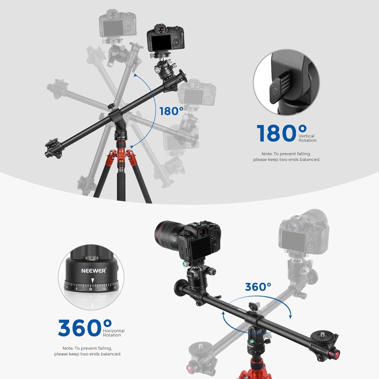 NEEWER 30"/76cm Horizontal Tripod Center Axis with 3/8" Screw, Aluminum Alloy 360° Rotatable 180°Vertical Adjustable Tripod Extension Boom Arm for Camera Macro Overhead Photography (Load up to 22lb)